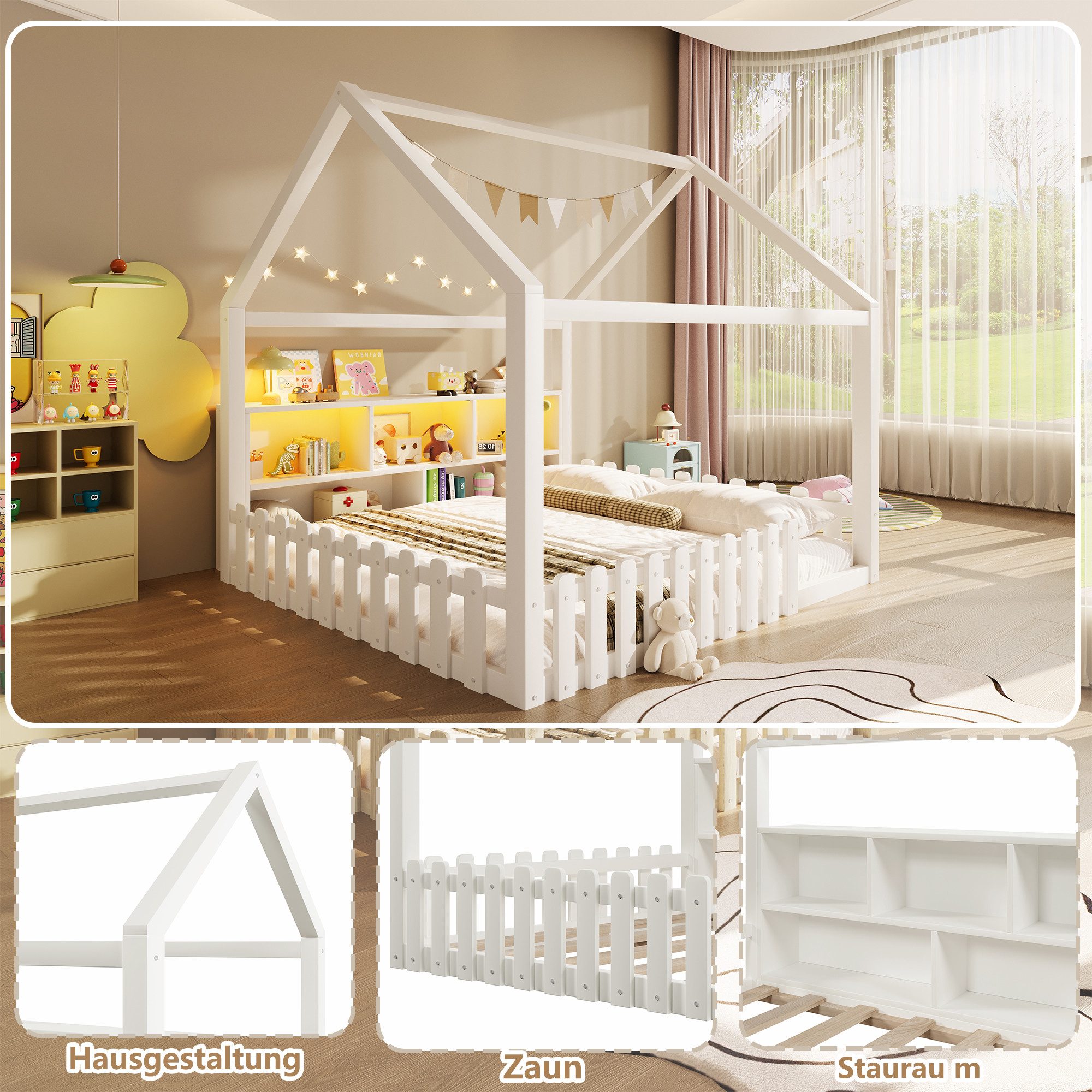 Merax Kinderbett mit LED-Lichtleiste (Kiefer Bodenbett Jugendbett, 1-tlg), Flachbett Hausbett 140x190cm mit LED-Lichtleiste & offenen Staufächern – Bild 5 von 5
