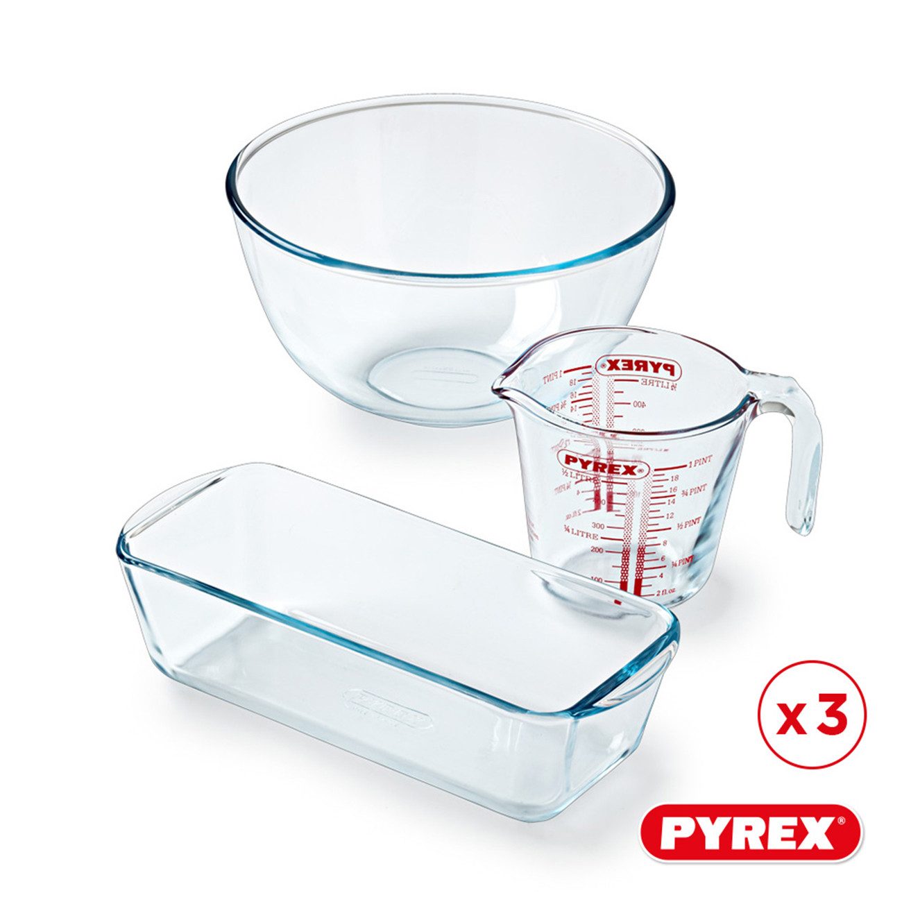 PYREX Schüssel Starter-Set, Messbecher, Schüssel & Kuchenform, Borosilikatglas, (Koch- und Back-Set, 3-tlg), hitzebeständig, mikrowellengeeignet, Made in France