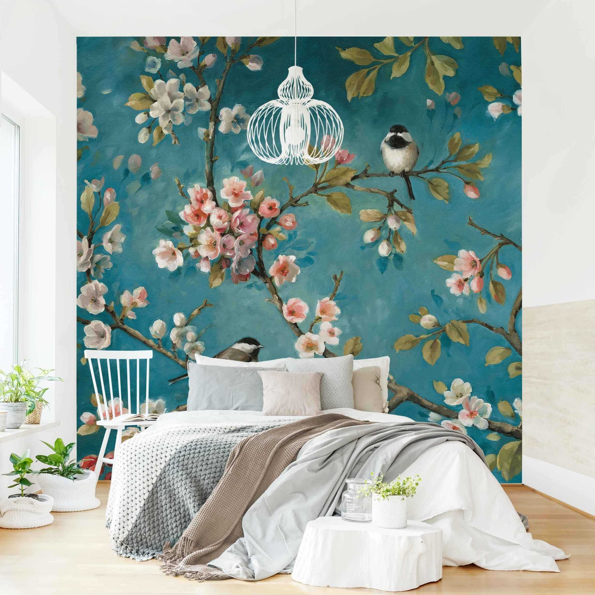 Bilderdepot24 Fototapete Kirschblütenzweige Blumen Floral Kunst Tiere rosa günstig online kaufen