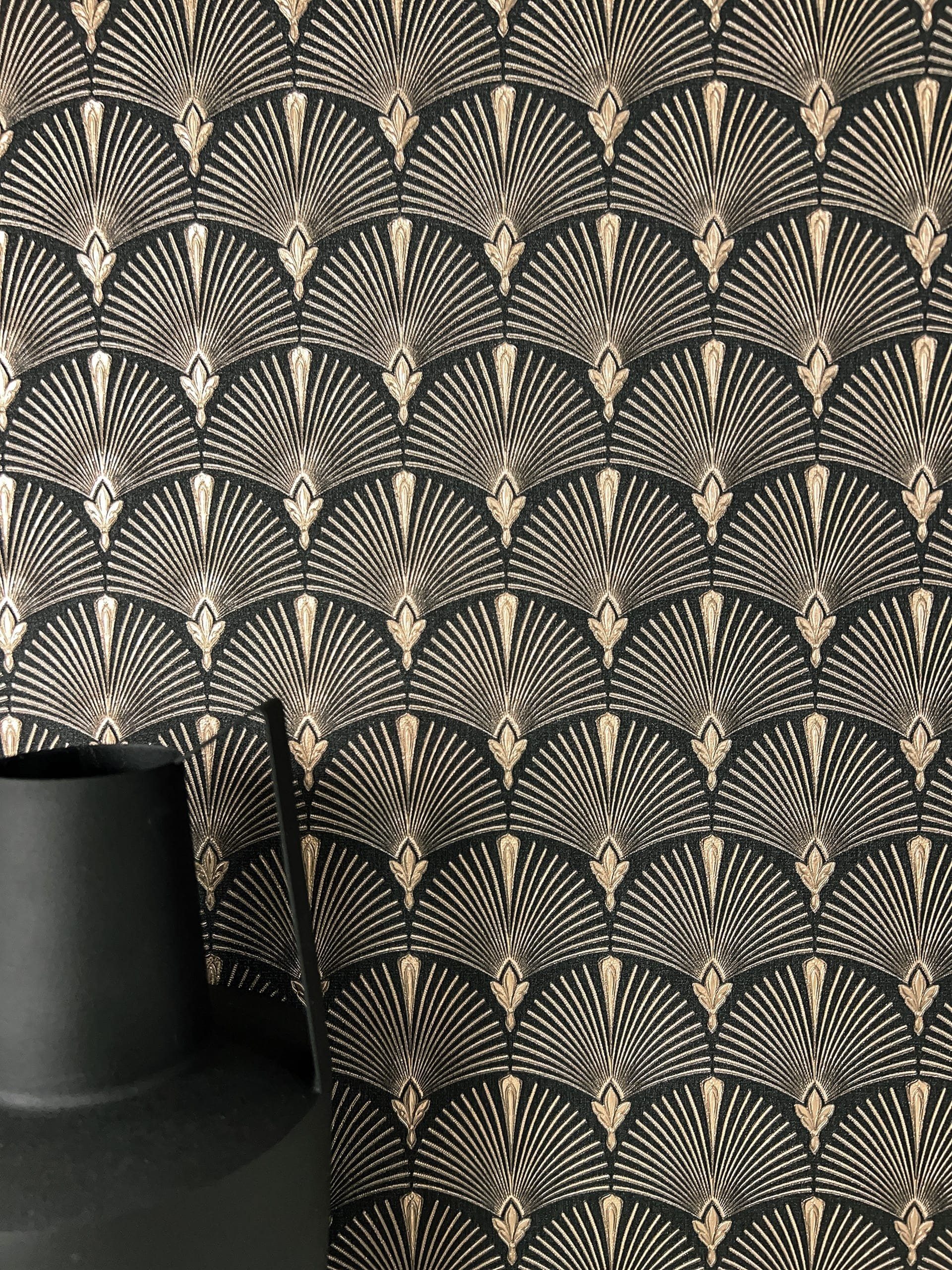 Newroom Vliestapete, Schwarz Tapete Modern Fächer - Mustertapete Retro Gold günstig online kaufen