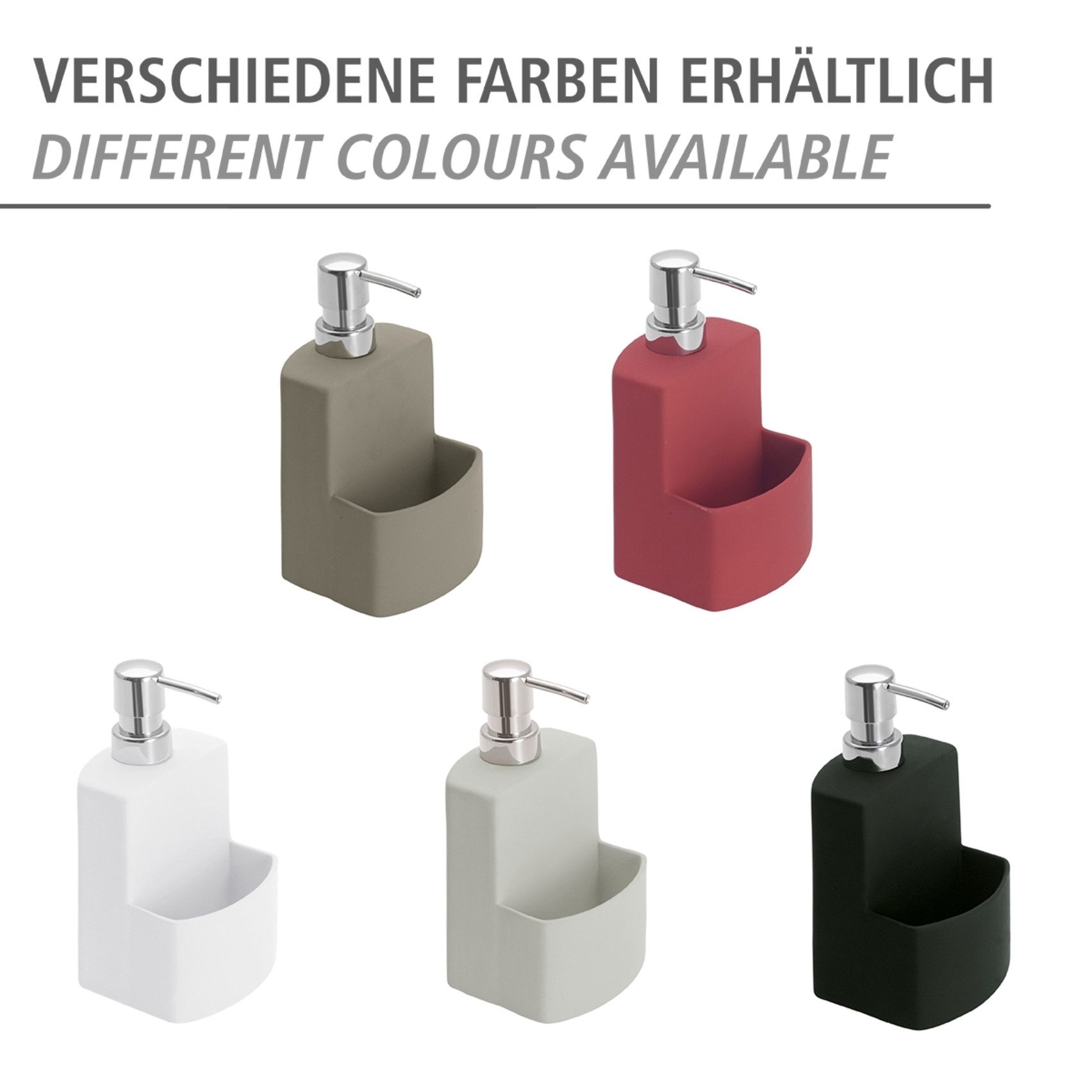 WENKO Spülmittelspender Modell Festival, aus Keramik, Soft-Touch Beschichtung, mit Spülschwamm-Fach, 380 ml