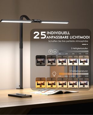 Quntis Schreibtischlampe 78 cm Doppelkopf Augenschutz Klemmleuchte, 24W Tischleuchte Dimmbar, Stufenlose Dimmung Stufenlose Helligkeitsregelung, LED fest integriert, Warmweiß (2700K), Kaltweiß (6500K), Monitorlampe für Home Office