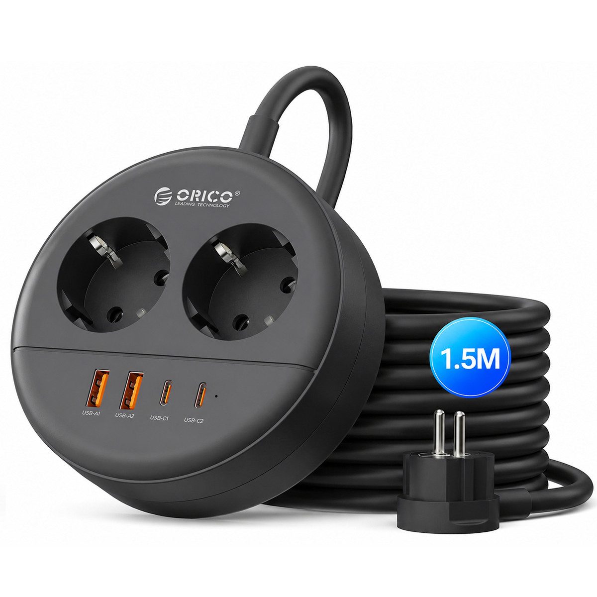 ORICO Steckdose Runde Steckdosenleiste mit USB-C PD 20W, 2 Steckdosen & 4 USB (2× USB-C), 1-St., 1,5 m Kabel, Wandmontage & Sicherheitsverschluss, 2500W für Büro & Zuhause