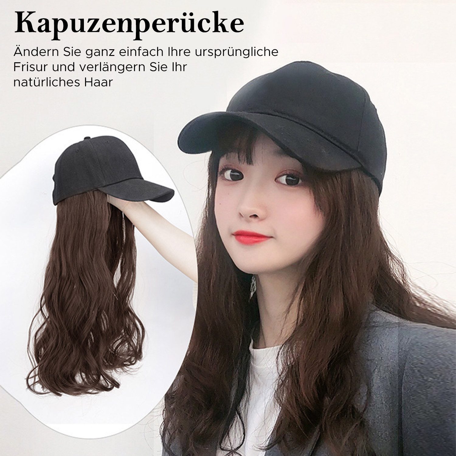 Refttenw Baseball Cap mit Lange Welle Perücke, Synthetische Gewellte Perücke 66 cm Langes Haaren + Verstellbare Schwarze Kappe