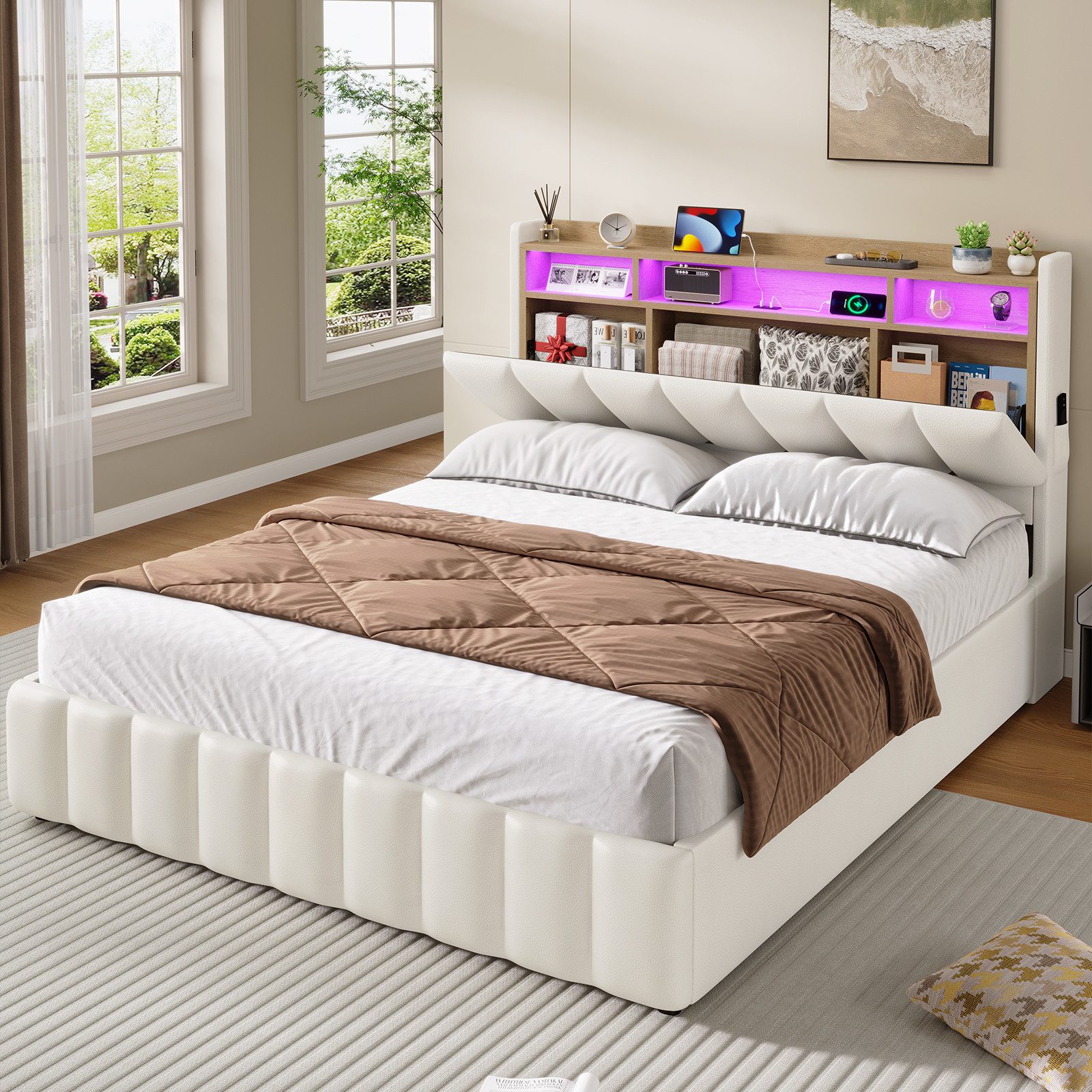 KIMENICH Polsterbett mit LED Beleuchtung und Ladefunktion (1-tlg., Ohne Matratze), Jugendbett Hydraulisches Stauraumbett, 140x200 cm