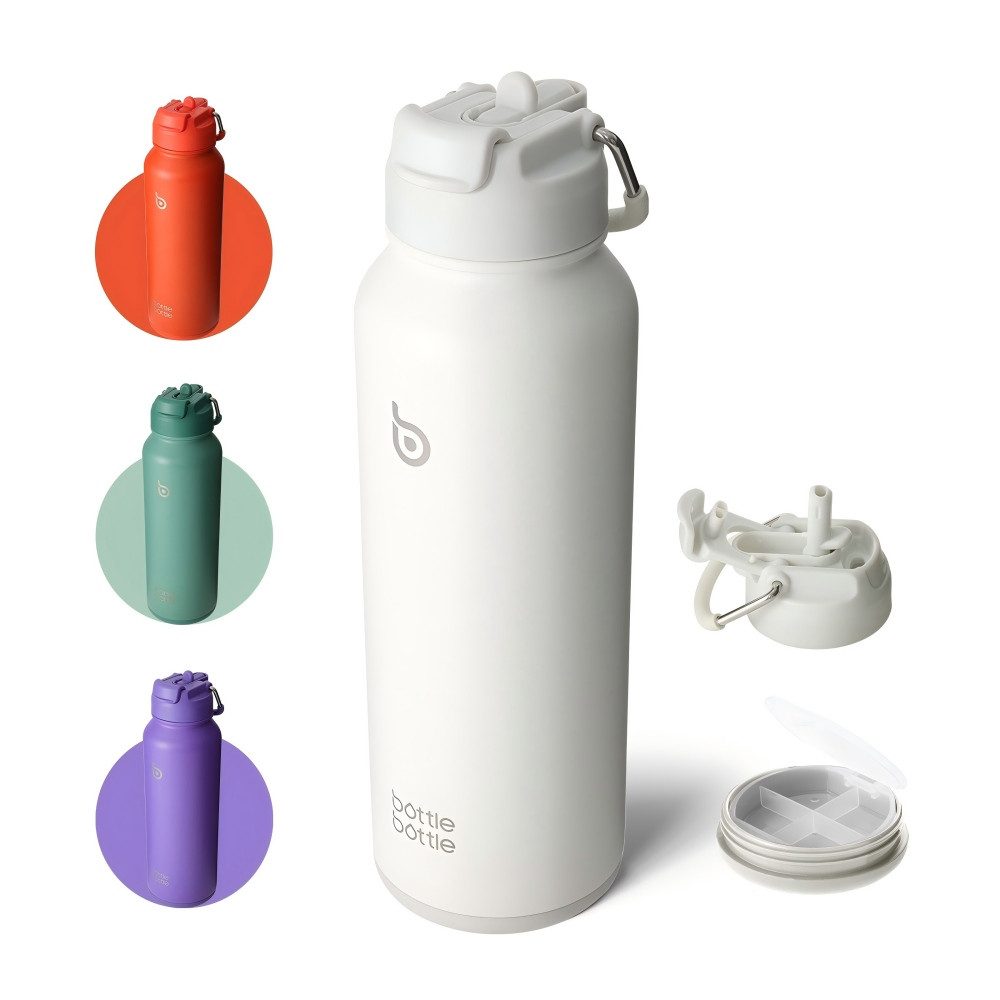 BOTTLE BOTTLE Trinkflasche Sport-Trinkflasche, Edelstahl, isoliert, mit Strohhalm und Pillenhalter, 1L