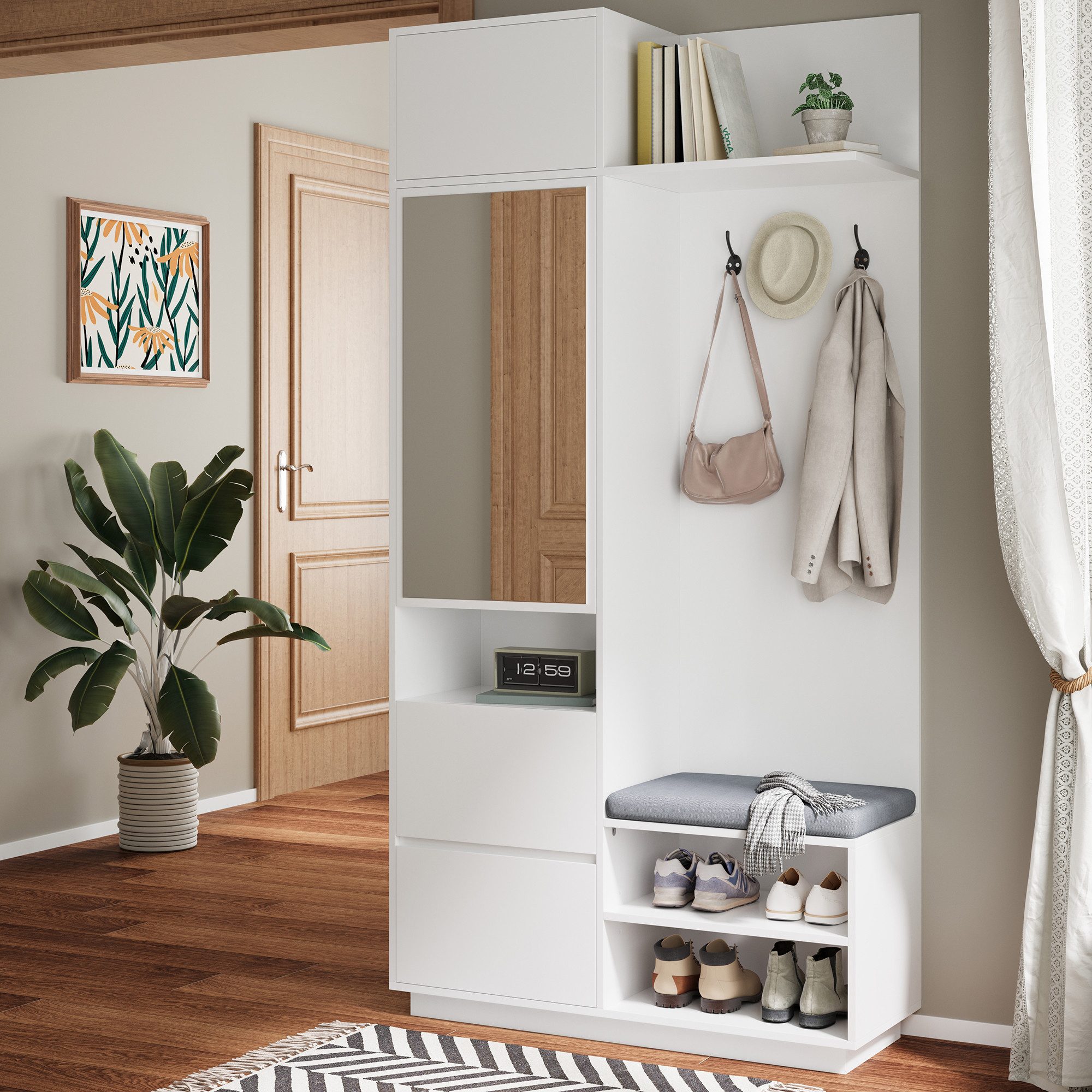 Merax Garderoben-Set 5-in-1 Kompaktgarderobe Scandi Garderobenkombination, (1-St., 90 L × 34,5 B × 190 H (cm), Flurgarderoben Set mit Spiegel Sitzbank Schuhregal Schubladen & Haken