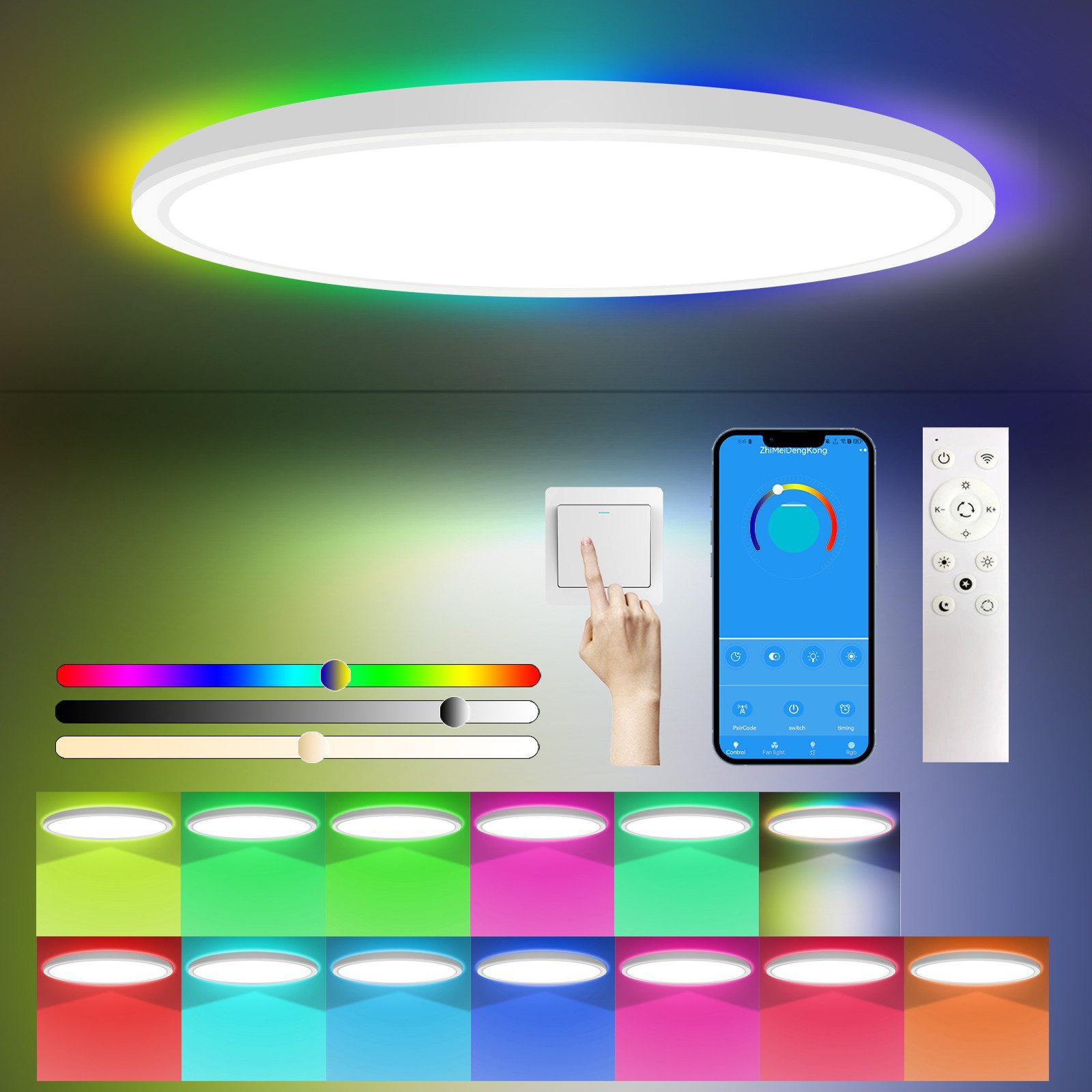 Ophy LED Deckenleuchte 24W LED Badezimmer-Deckenleuchte – RGB Farbwechsel, dimmbar 3000-6500K, 3200 lm, Fernbedienung (Deckenbeleuchtung)