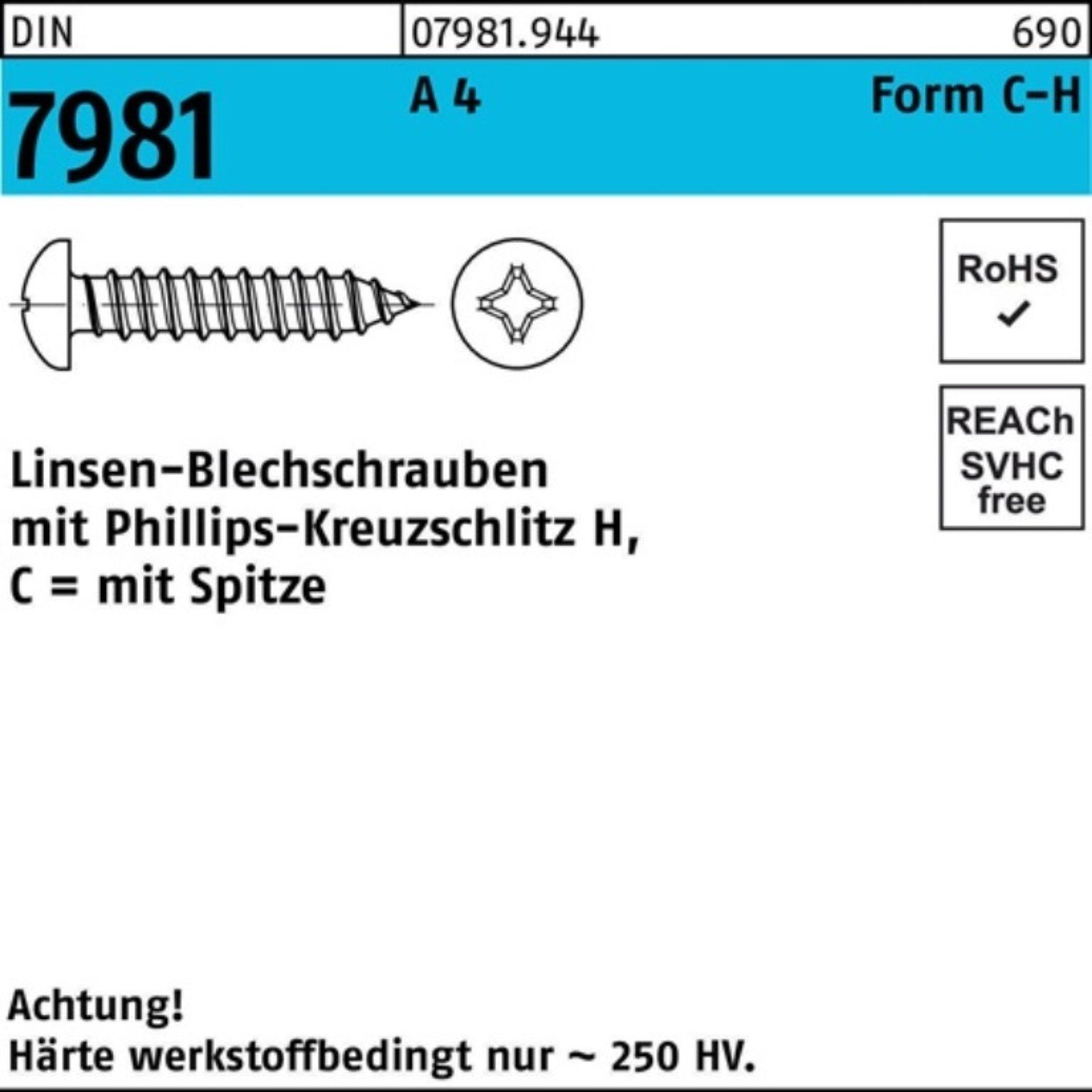 Reyher Blechschraube 250er Pack Blechschraube DIN 7981 LIKO PH C 4,8x 50-H A 4 250 Stück D