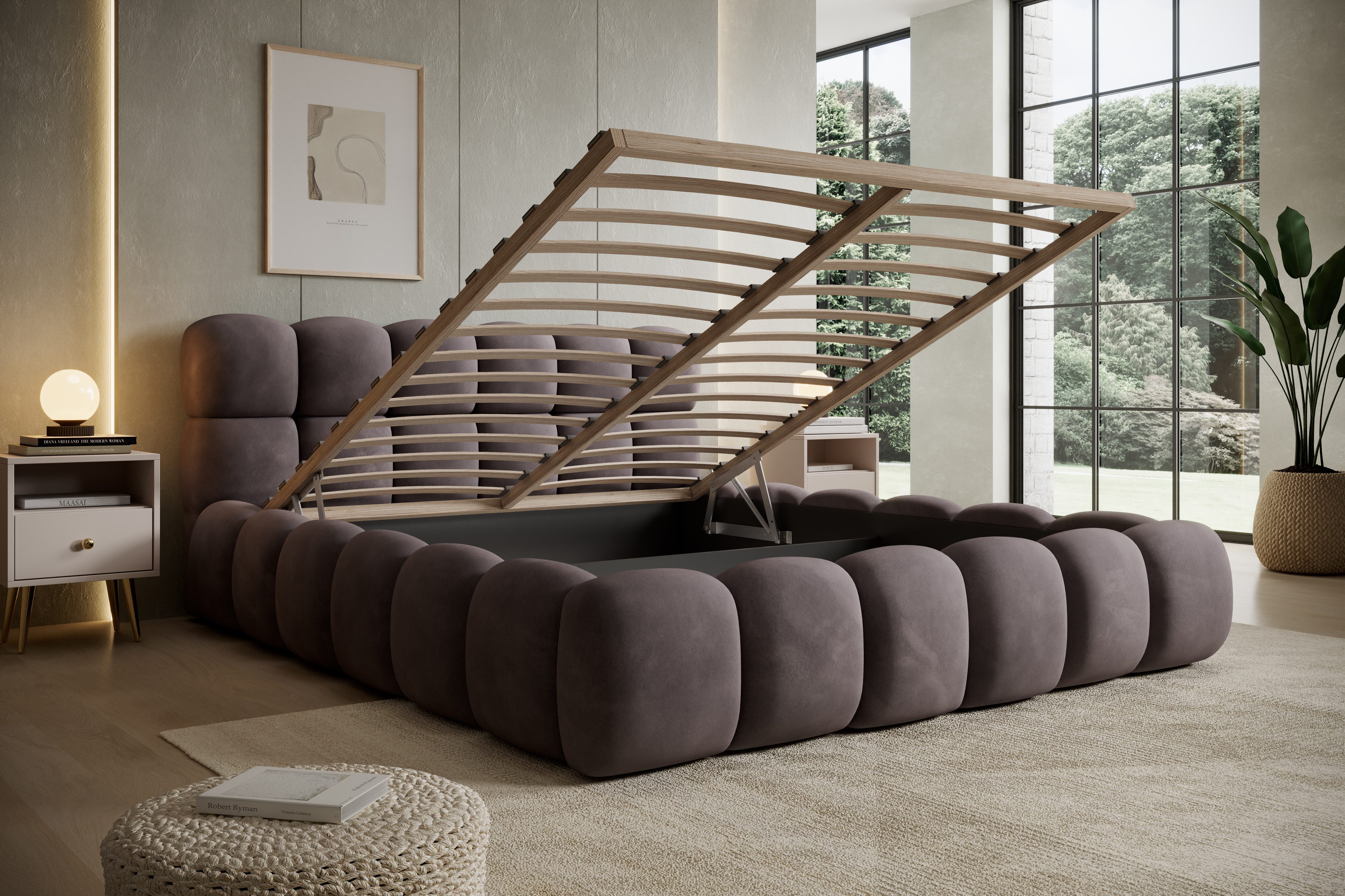 thematys Polsterbett mit Bettkasten 140x200–200x200 cm – Velours oder Bouclé Bezug – (Polsterbett in den Varianten Bouclé (Fredo), Velours (Velutto) - Wolkenbett mit XXL Kopfteil), Wolkenbett mit XXL Kopfteil)
