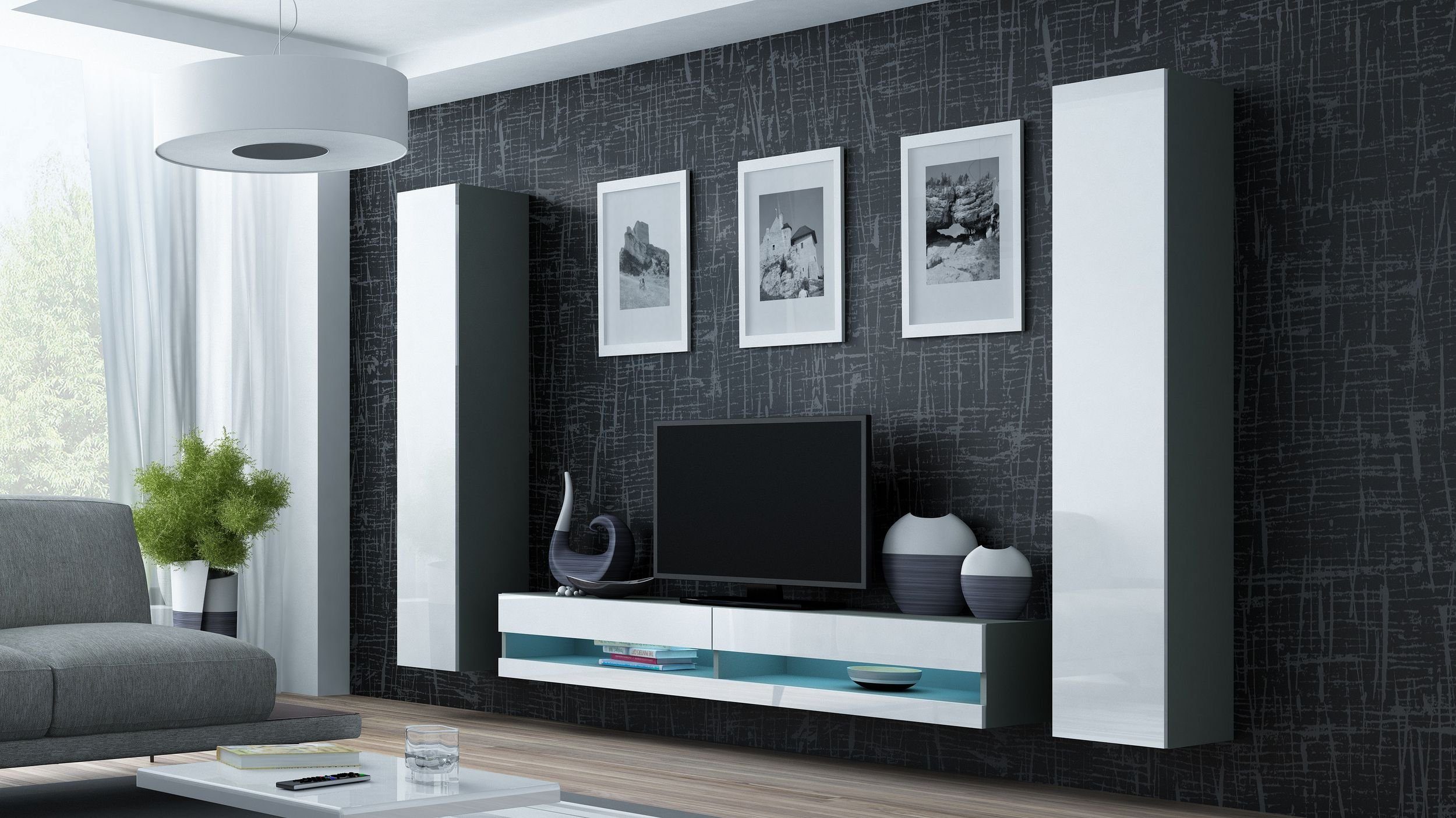 Stylefy Wohnwand Vago New IV, (Set (3-St), Wohnmöbel, Wohnzimmer-Set), bestehend aus 1xLowboard und 2xHängeschrank, inkl. LED-Beleuchtung, mit Push-to-Open Grau Matt - Weiß Hochglanz