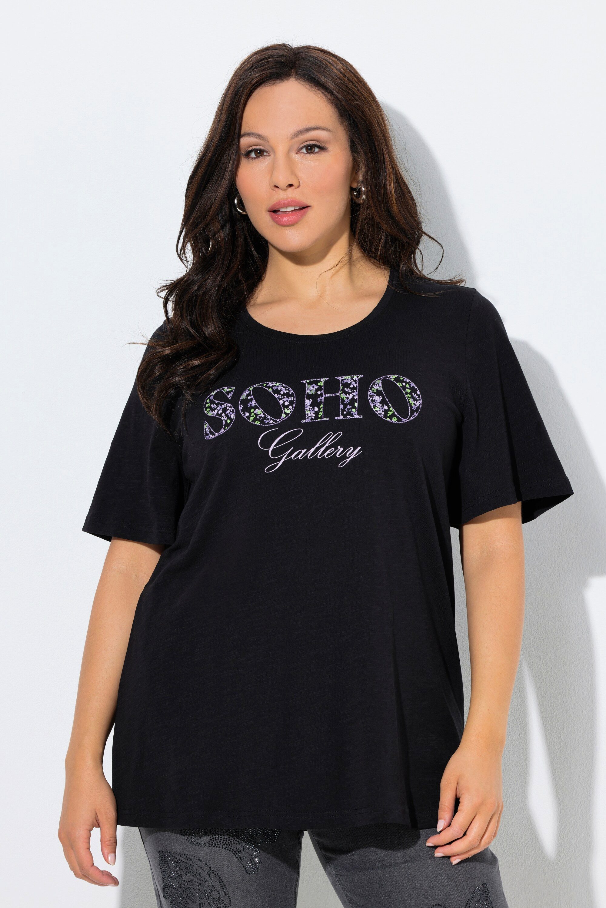 Ulla Popken T-Shirt T-Shirt Schriftzug A-Linie Rundhals günstig online kaufen