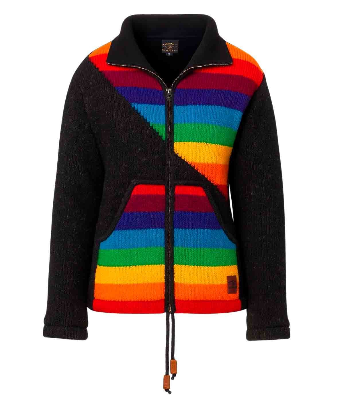 KUNST UND MAGIE Kapuzenstrickjacke Damen Strickjacke gefütterte Wolljacke Strickpullover Bunt Regenbogen