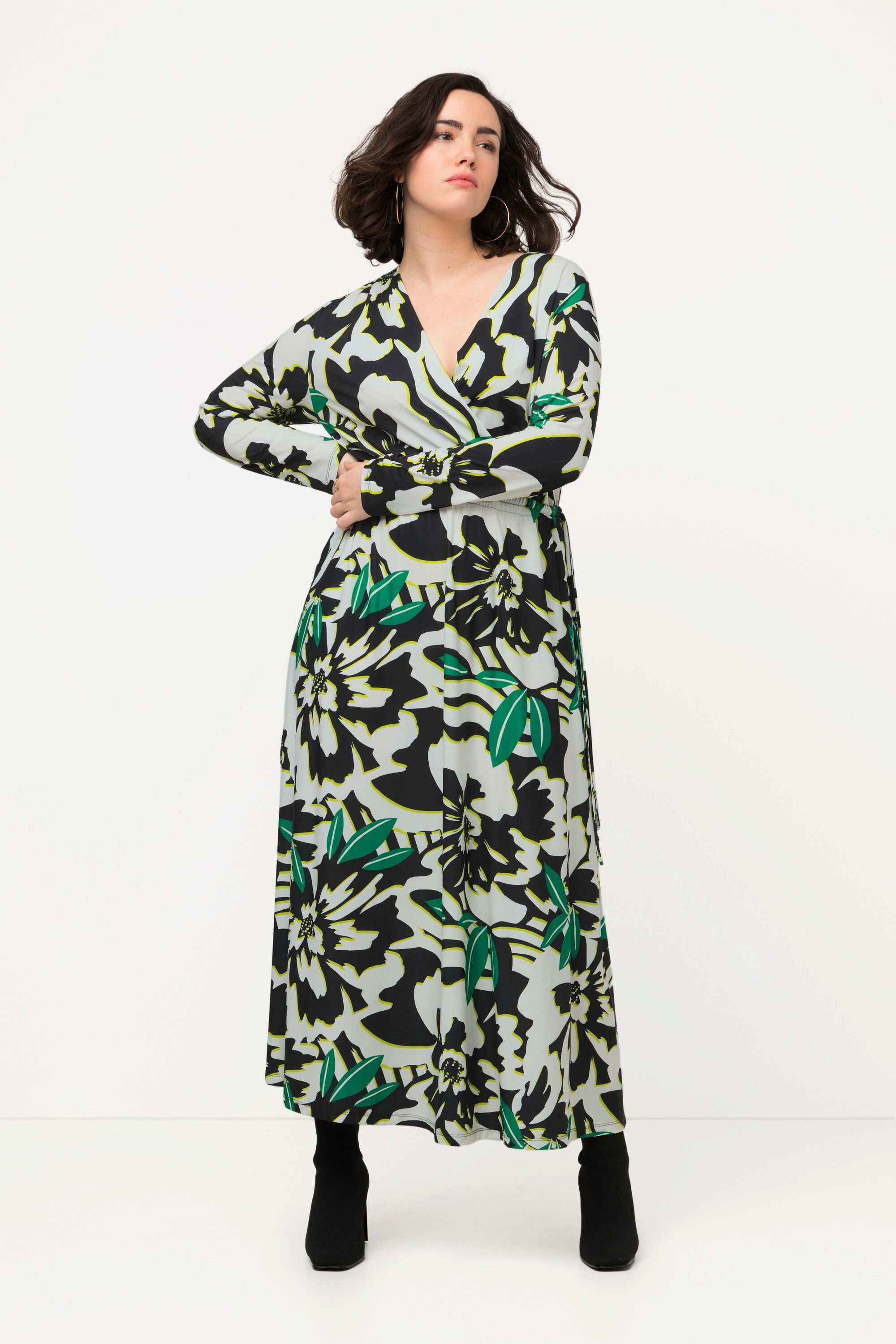 Ulla Popken Maxikleid Jerseykleid Wickeloptik V-Ausschnitt Langarm günstig online kaufen