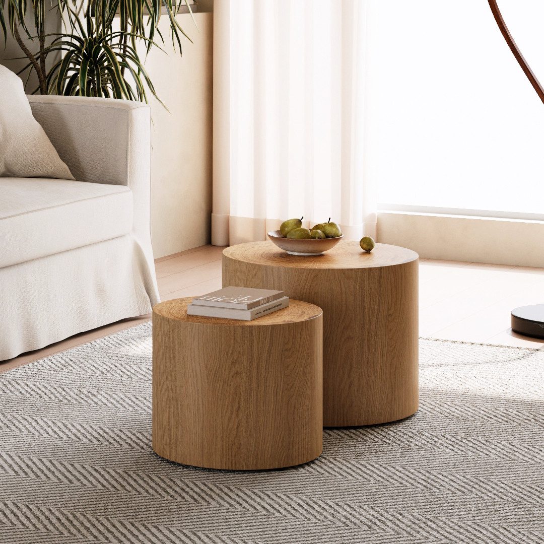 REDOM Vielseitig als Couchtisch, Ablage oder Trommel-Beistelltisch nutzbar (48x38/Ø38x32 cm, 2-St., 2-teiliges runde Holztische-Set in Naturfarben mit echten Jahresringen), Ineinanderstellbare Nesting-Funktion für Wohnbereich & Schlafzimmer