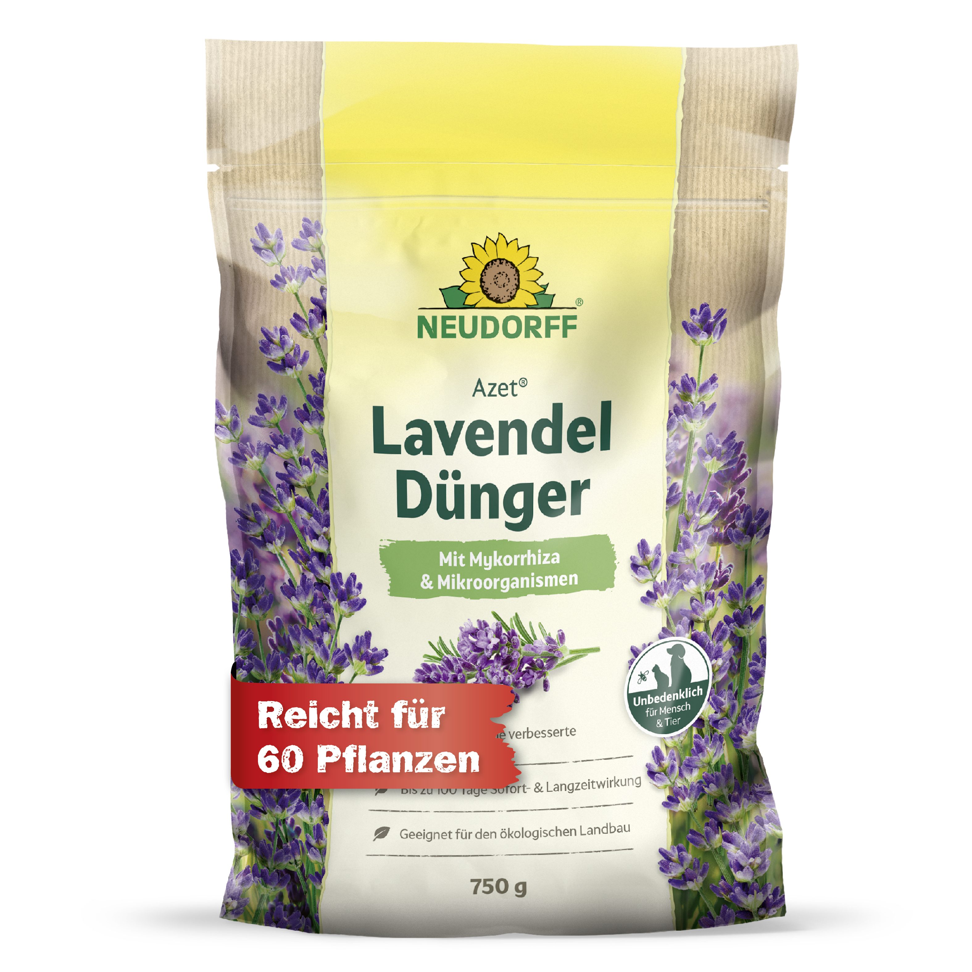 Neudorff Rasendünger Azet LavendelDünger 750 g reicht für 60 Pflanzen, Einzelartikel, Lavendeldünger mit Kalium für Blüte, Duft & Frostresistenz, Lavendeldünger mit Mykorrhiza, Mikroorganismen & Kalium