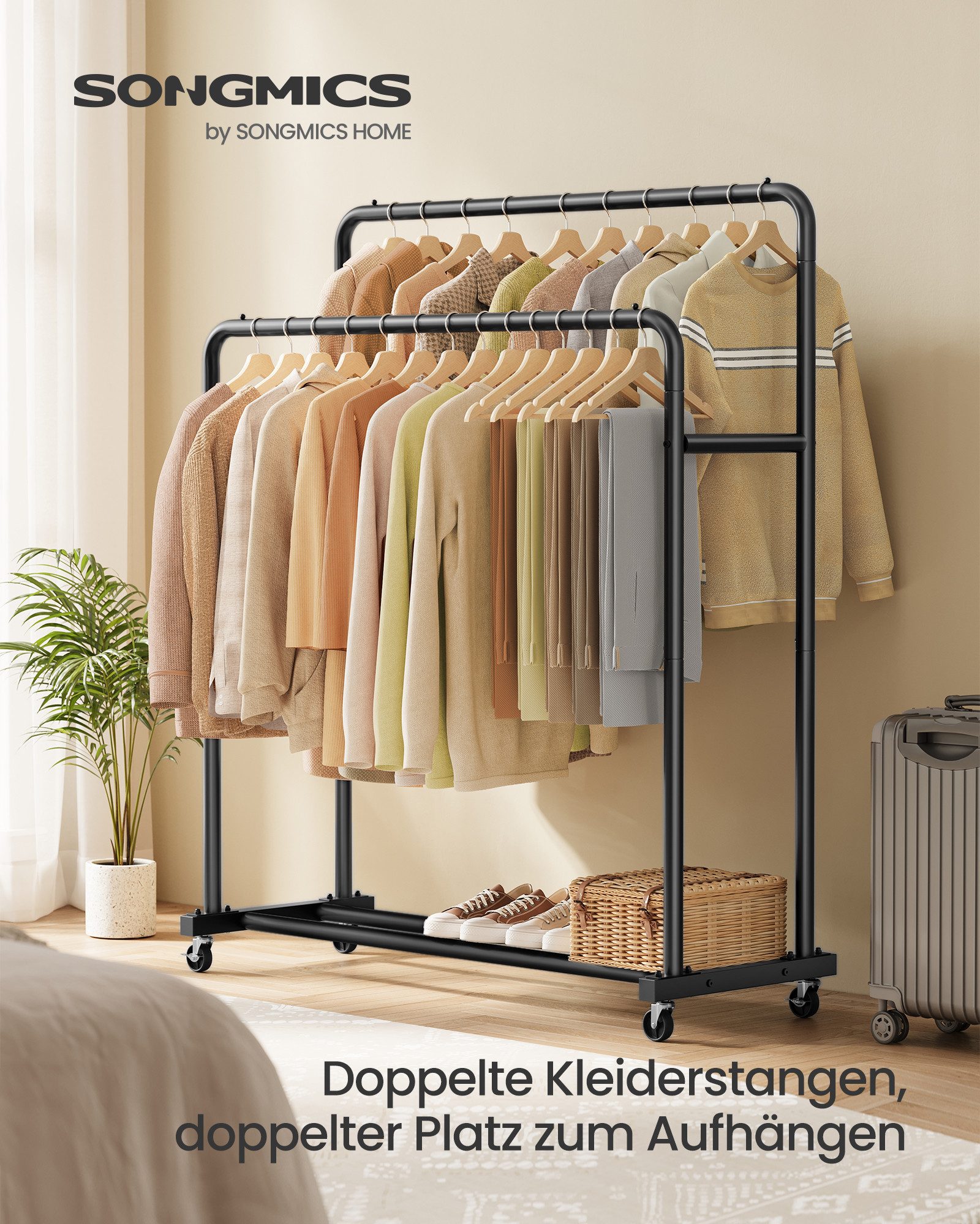 SONGMICS Kleiderständer, Kleiderstange auf Rollen, Garderobenständer