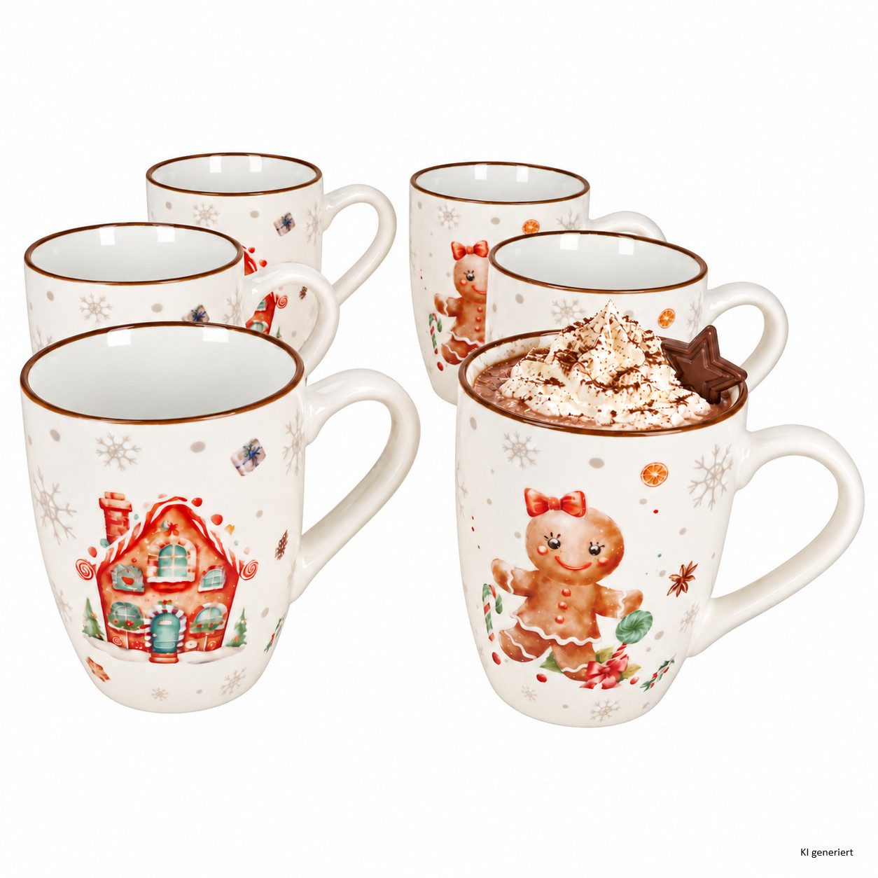 MamboCat Becher 6er Set Pfeffi Kaffeebecher 340ml Haus Lebkuchenfigur Weihnachten Tee, Porzellan