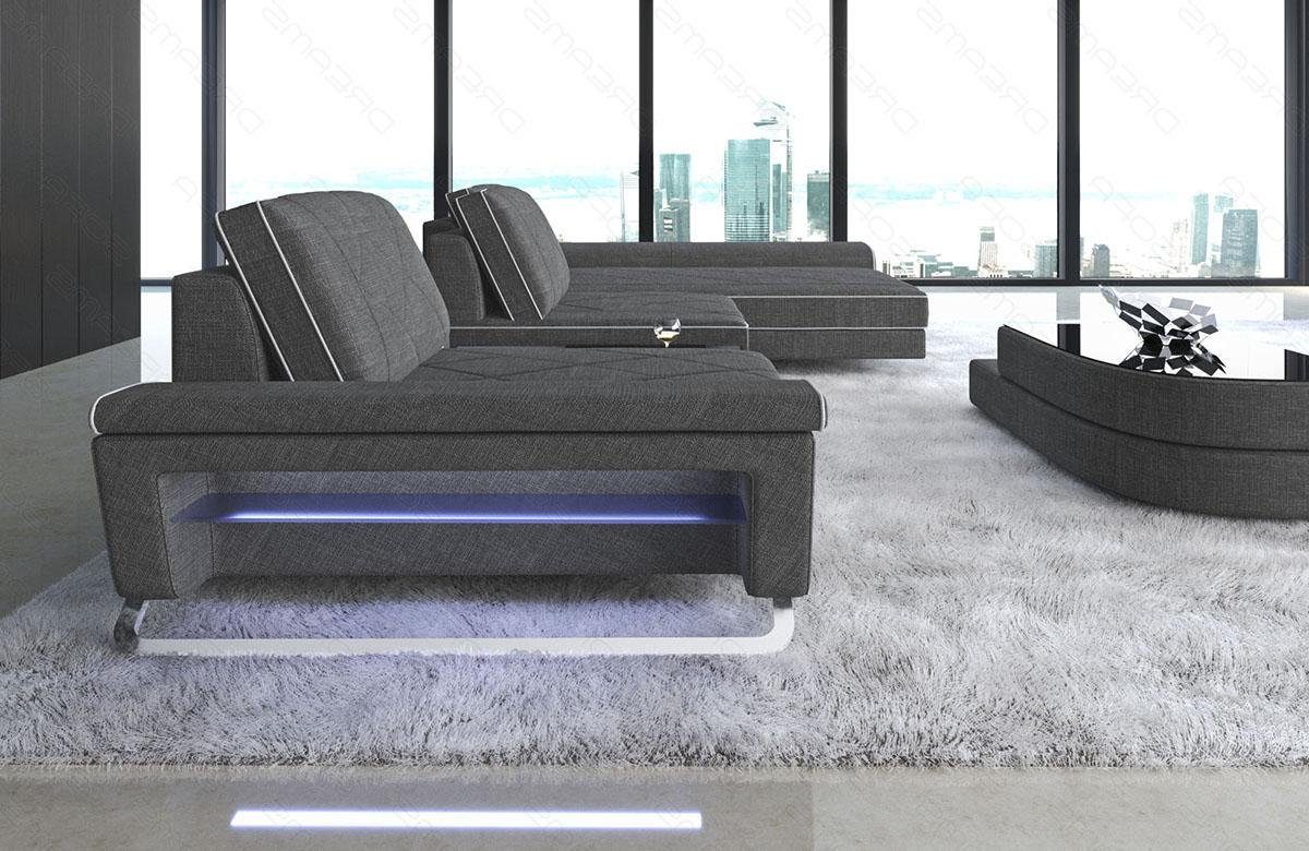 Sofa, Stauraum, Couch Ecksofa L H5 Grau-Weiss LED, Stoffsofa Polster USB_Anschluss, Sofa Bari Stauraum, Form Stoff Dreams Designersofa mit