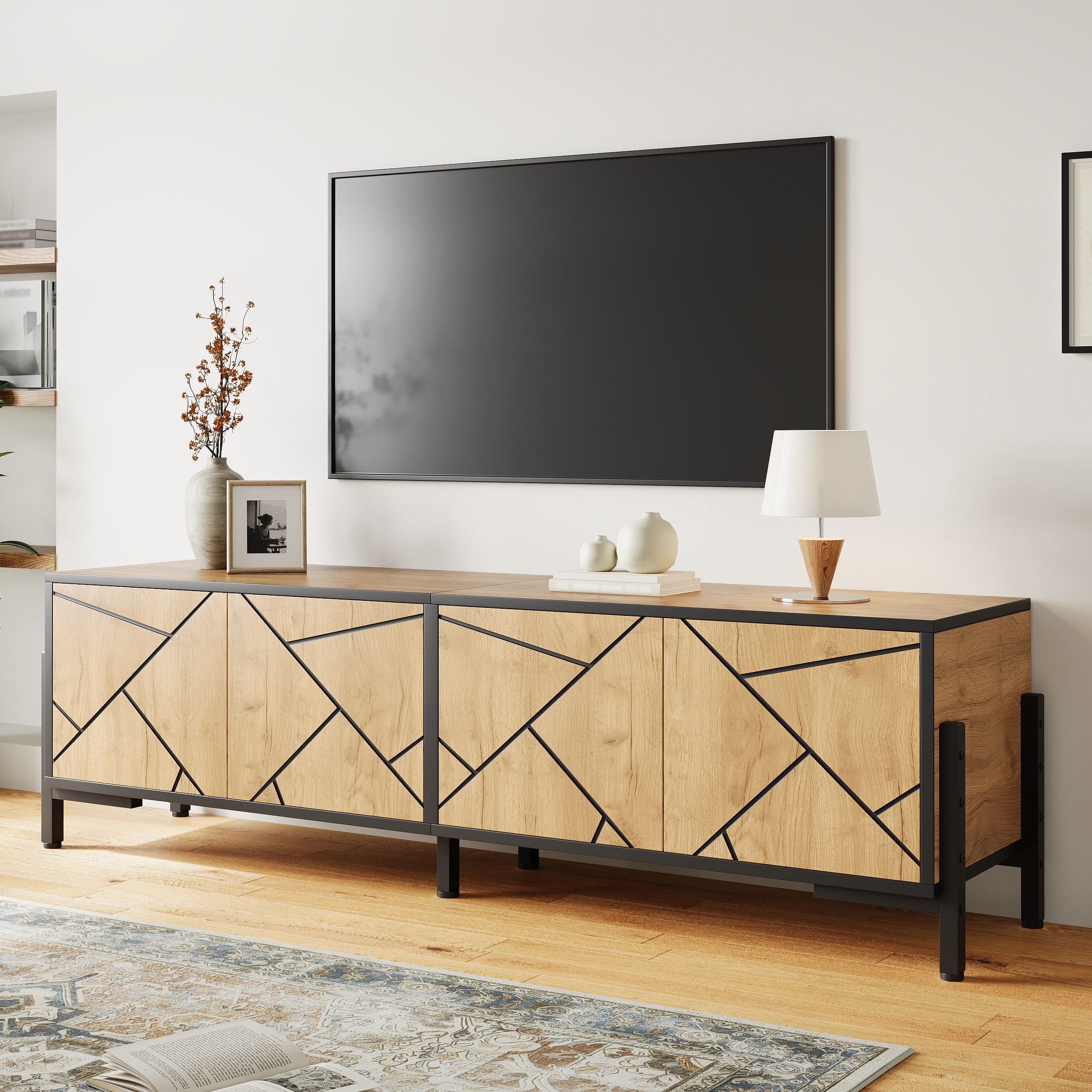 OKWISH TV-Schrank 153x40x50cm in Naturholz/Schwarz mit 4 Türen (Packung, 1-St., Kontrastierendes geometrisches Design, Lowboard) Für ca. 65 Zoll, TV-Ständer für Wohnzimmer