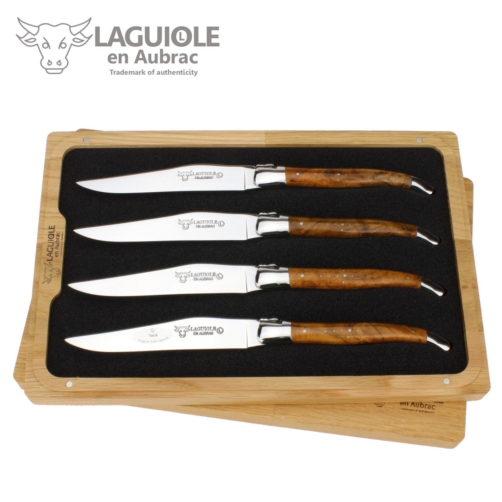 Laguiole en Aubrac Steakmesser 42C99TKIH BRI 4er Set - Griff Teakholz - Backen glänzend - Klinge glänzend - Holzbox