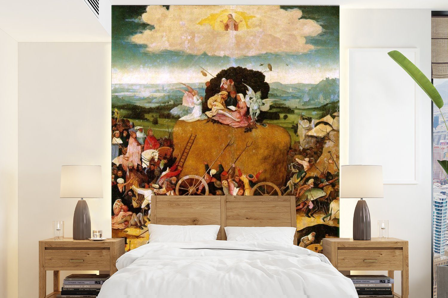 MuchoWow Fototapete Heuwaage Mitteltafel des Triptychons - Gemälde von Hieronymus Bosch, Matt, bedruckt, (4 St), Montagefertig Vinyl Tapete für Wohnzimmer, Wandtapete | Fototapeten