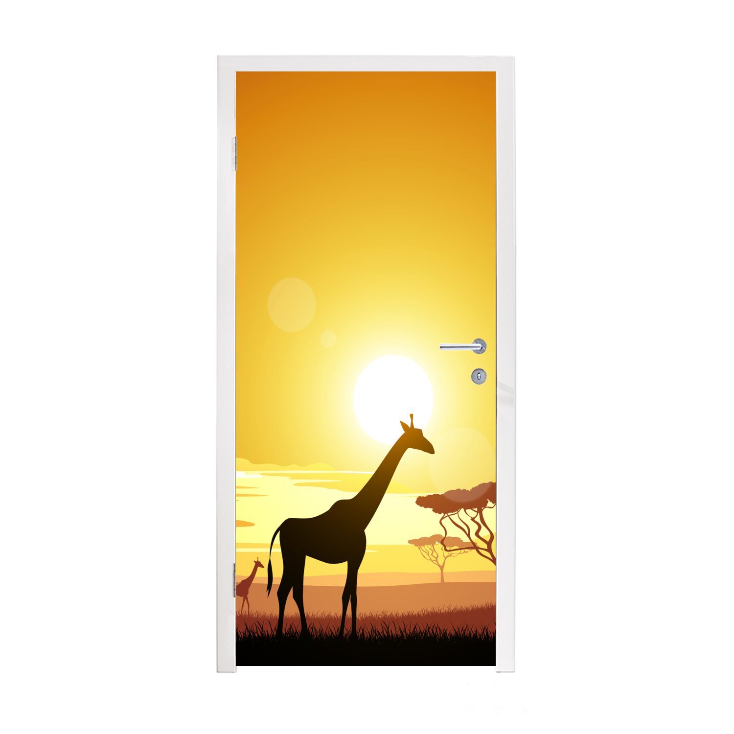 MuchoWow Türtapete Illustration eines afrikanischen Sonnenuntergangs mit einer Giraffe, Matt, bedruckt, (1 St), Fototapete für Tür, Türaufkleber, 75x205 cm