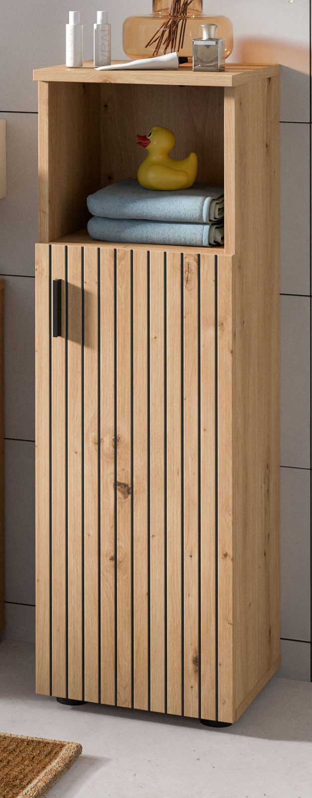 Inn.Furn Badkommode Livia (Badschrank in Eiche Artisan mit Leistenoptik, 30 x 95 cm), Türanschlag wechselbar