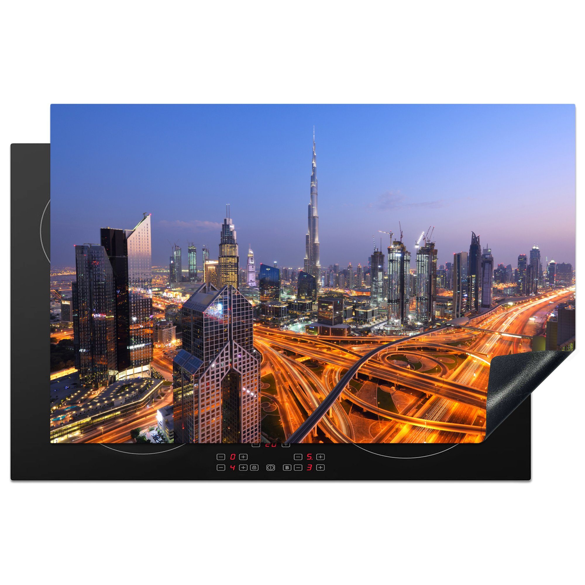 81x52 die Dubai Vinyl, küche, Induktionskochfeld mit Ceranfeldabdeckung Schutz tlg), cm, von vielen für Die (1 dem Herdblende-/Abdeckplatte als Neonlichter Khalifa Mittelpunkt, Burj MuchoWow