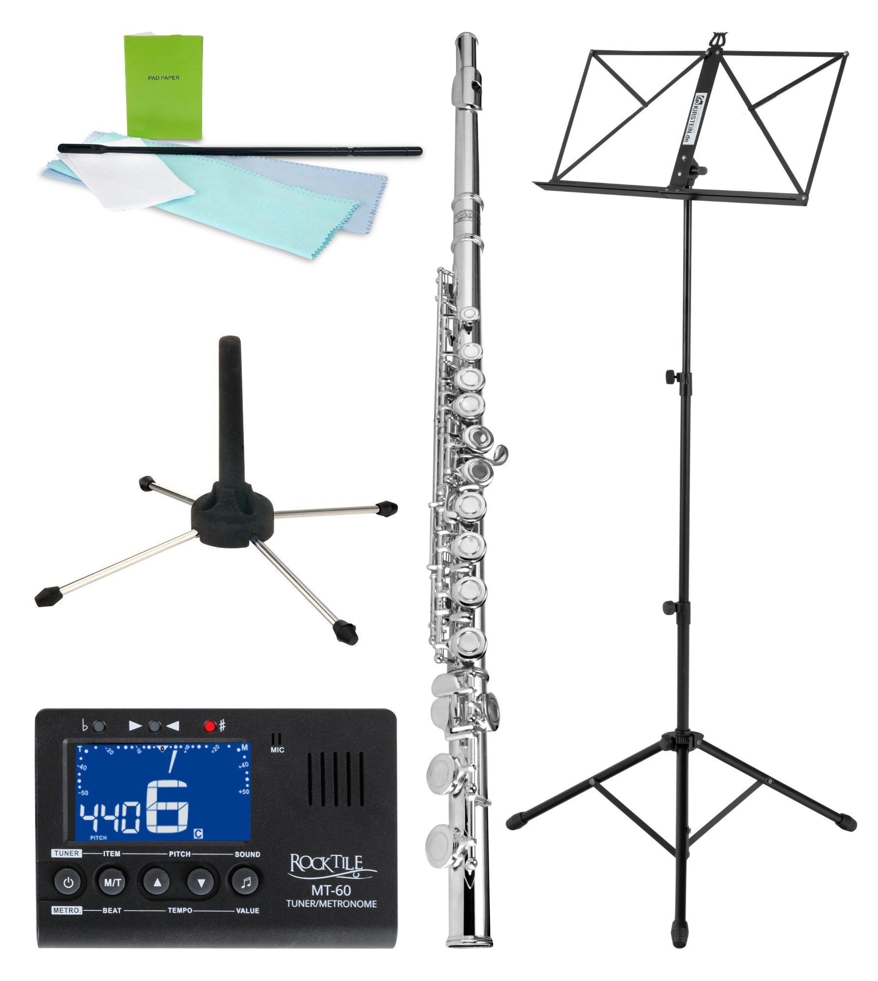 Classic Cantabile Querflöte FL-200 Querflöte komplett aus Neusilber C, inkl. Ständer, Metronom, Notenständer & Pflegekit