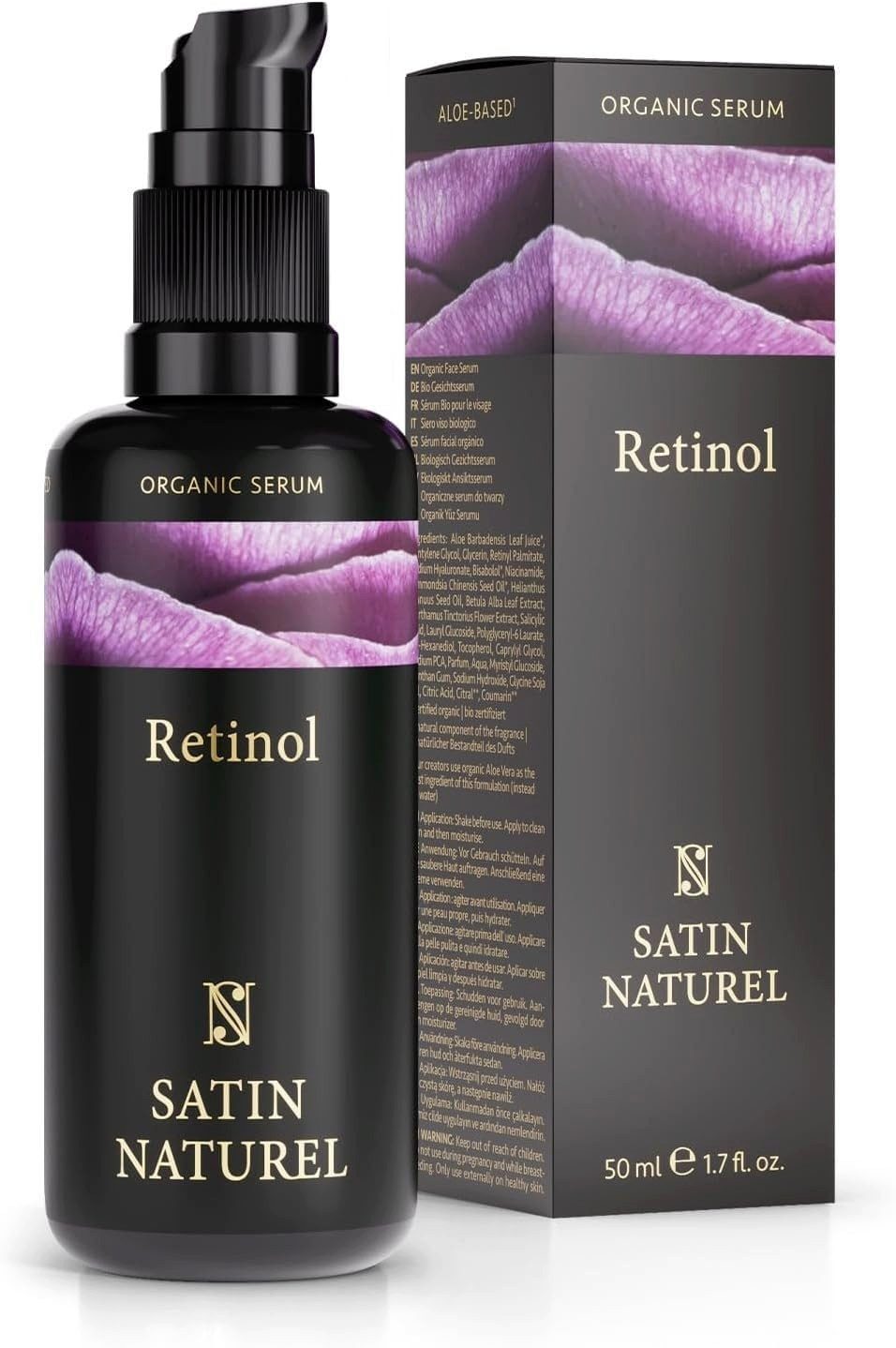 Satin Naturel Gesichtsserum Retinol Bio Serum hochdosiert Für sichtbar glattere, strahlende Haut, Mit Retinol, Hyaluron, Niacinamid & Bio Aloe Vera