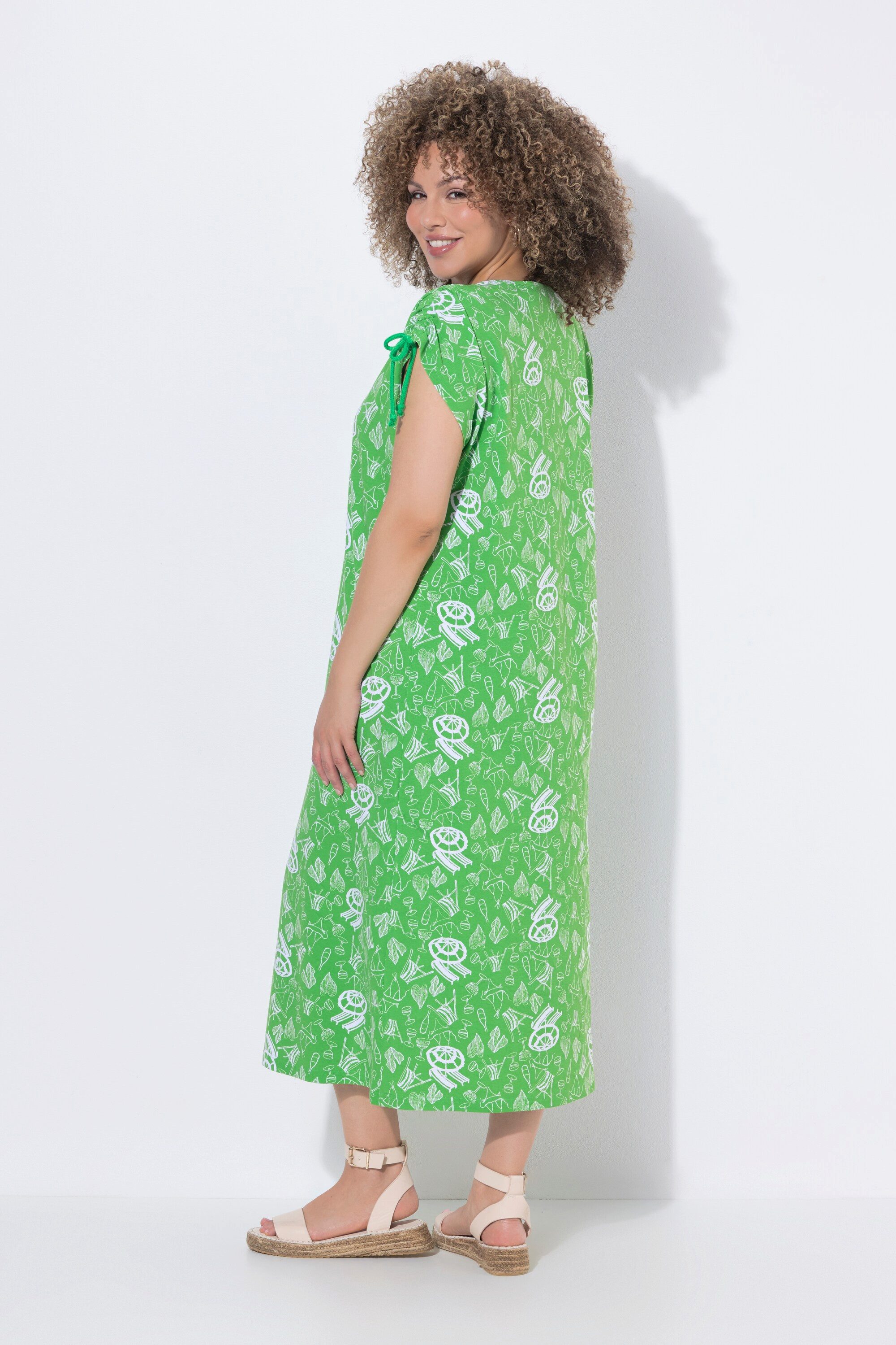 Ulla Popken Jerseykleid Midikleid A-Linie Rundhals Raffband ärmellos