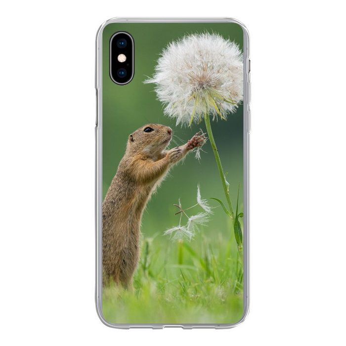 MuchoWow Handyhülle Eichhörnchen greift nach einem Löwenzahn von Fotograf Dick van Duijn Handyhülle Apple iPhone Xs Smartphone-Bumper Print Handy
