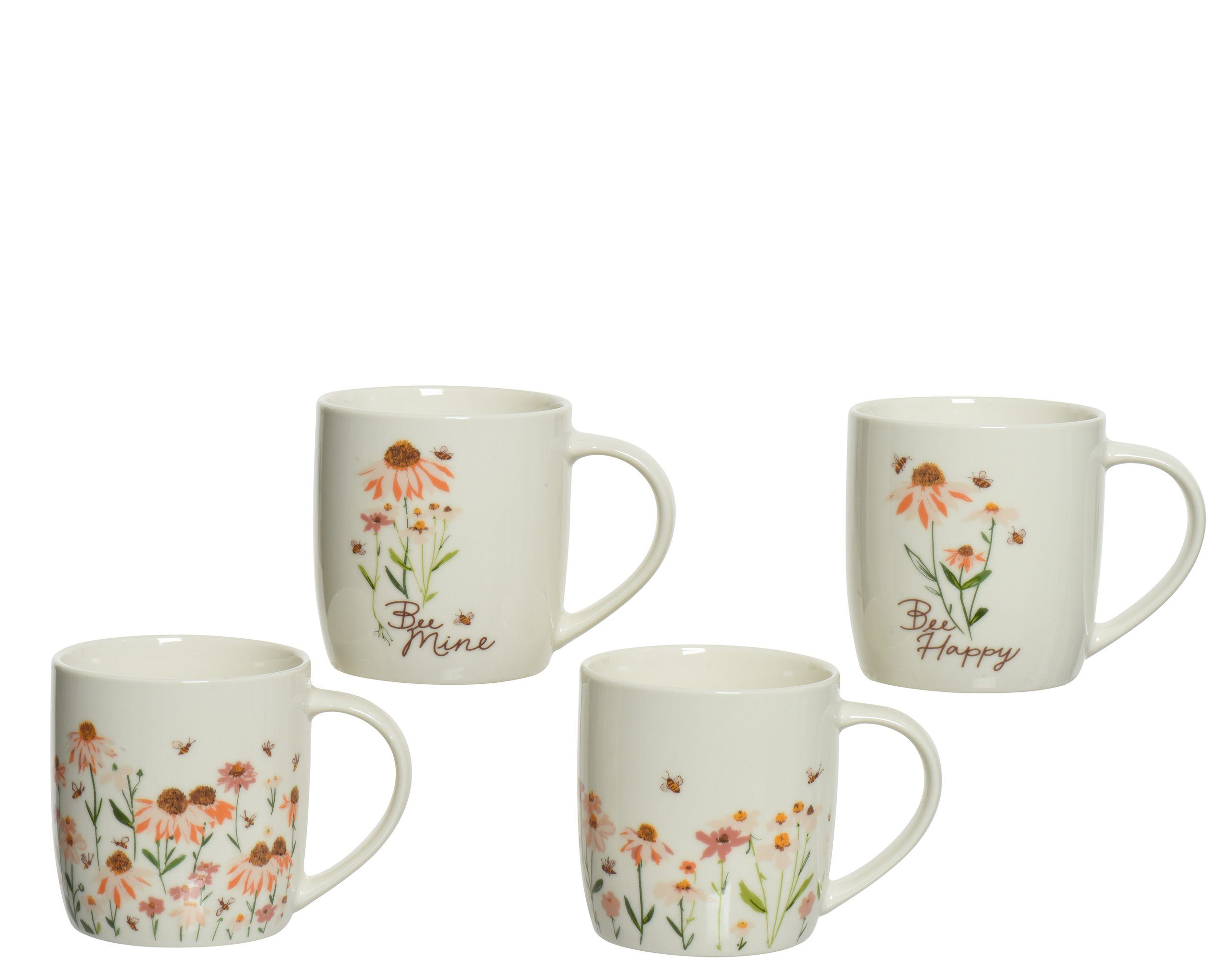 Decoris season decorations Becher, Porzellan, Tasse Blumen Bienen Muster Porzellan 12cm Creme / Rosa 1 Stück sort.