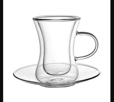 Morleos Thermoglas Thermoglas Tee Glas Familie Untertasse Tasse Teetasse 80ml 6er Set, doppelwandig, 12-teilig für 6 Personen