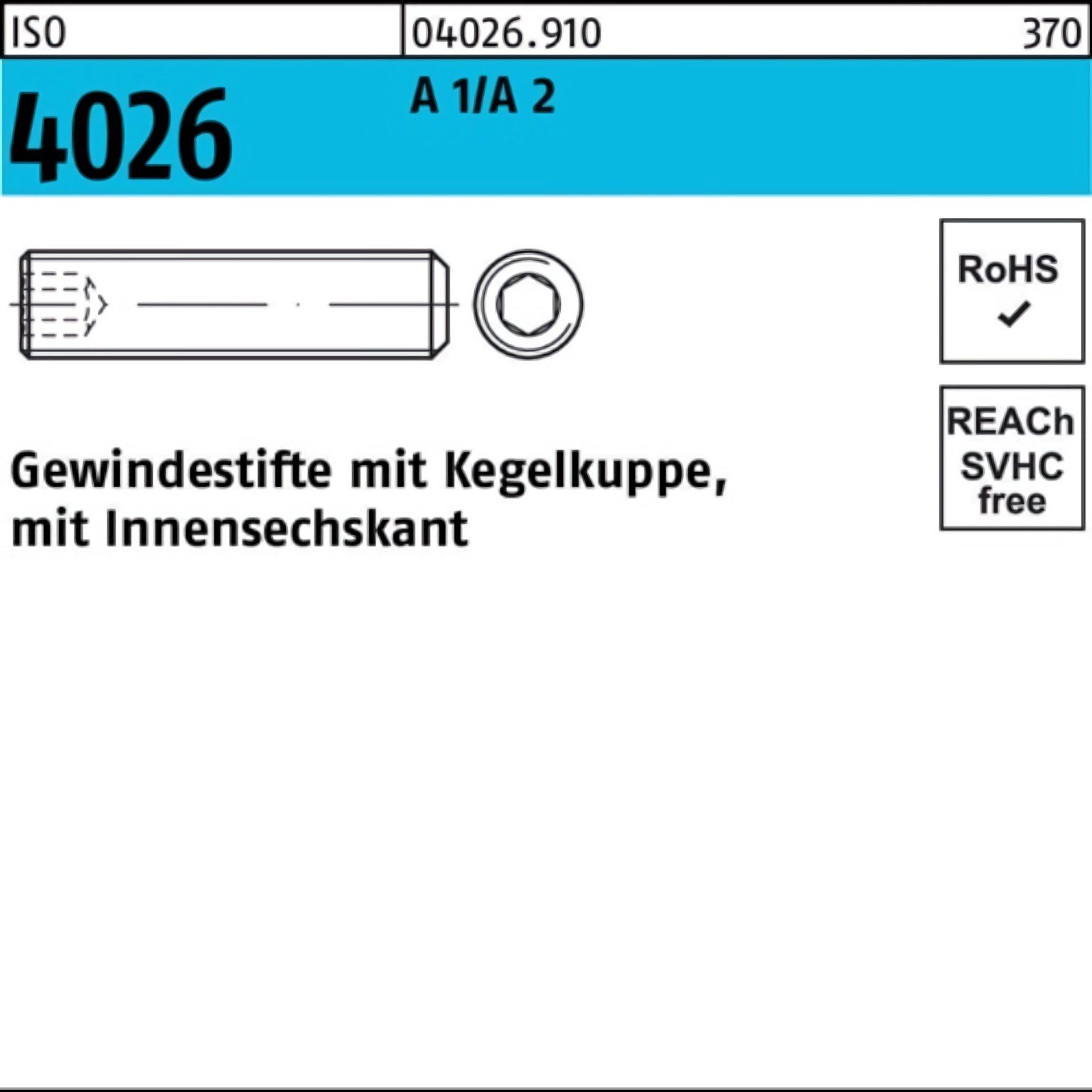 A 4026 Pack ISO Kegelkuppe/Innen-6kt Gewindestift Reyher 1/A 2 2 Gewindebolzen 50 500er M2x
