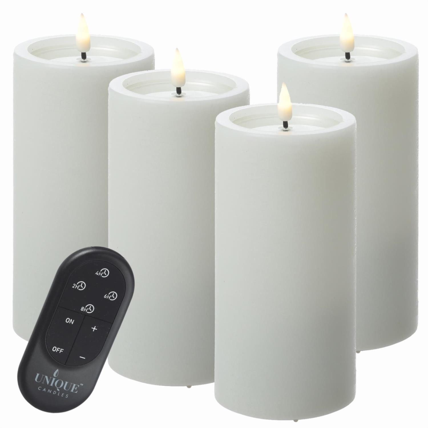 UNIQUE candles LED-Kerze LED Свічкиset UNIQUE Rustik-Optik H: 15cm mit Batterien Fernb. 4er Set (4-tlg)