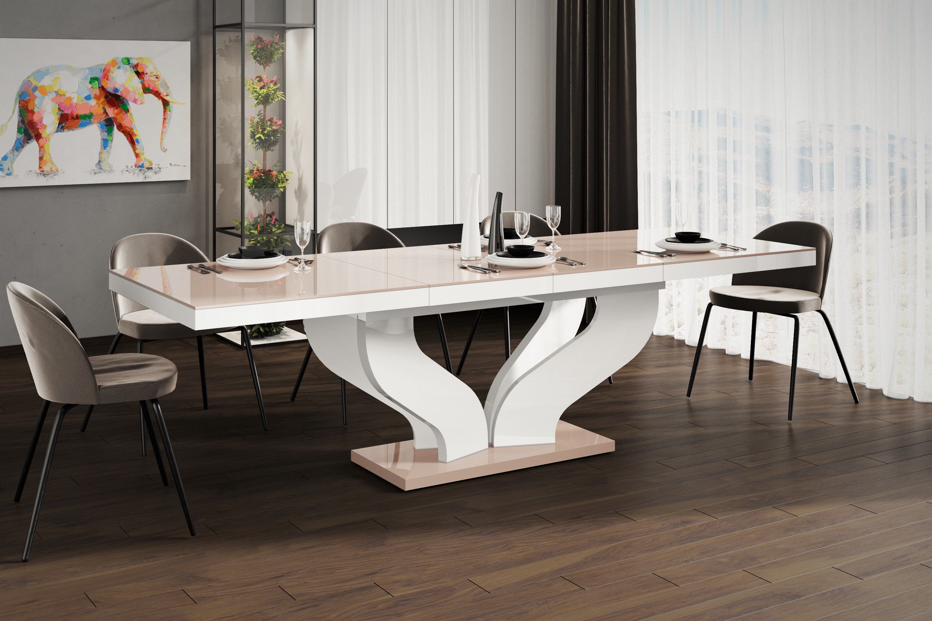 designimpex Esstisch 160-256 / Hochglanz Tisch ausziehbar Weiß cm HEB-222 Design Cappuccino