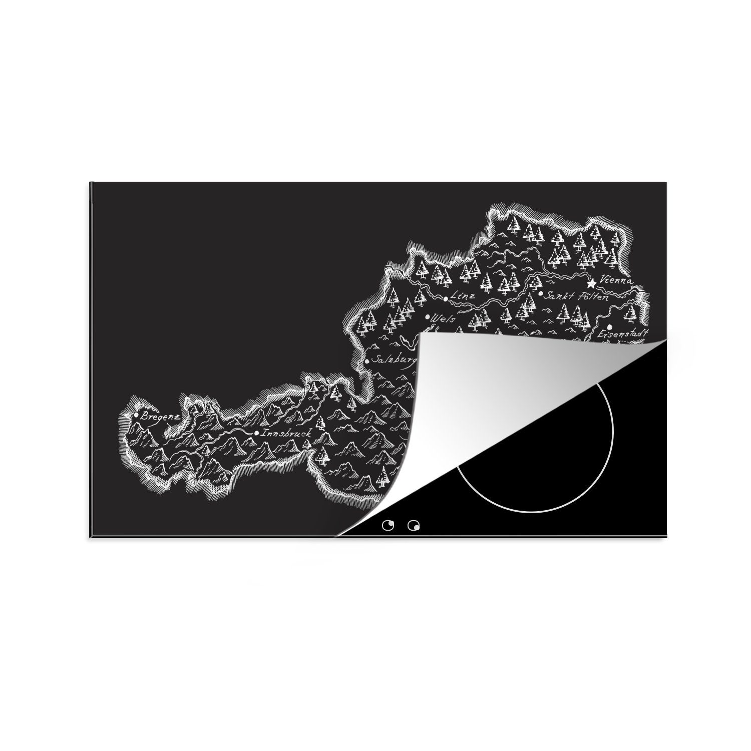 83x51 MuchoWow Ceranfeldabdeckung, Schwarz-Weiß-Illustration Karte in, Herdblende-/Abdeckplatte (1 küche Gewässer der und tlg), Vinyl, für einer Berge Arbeitsplatte cm,