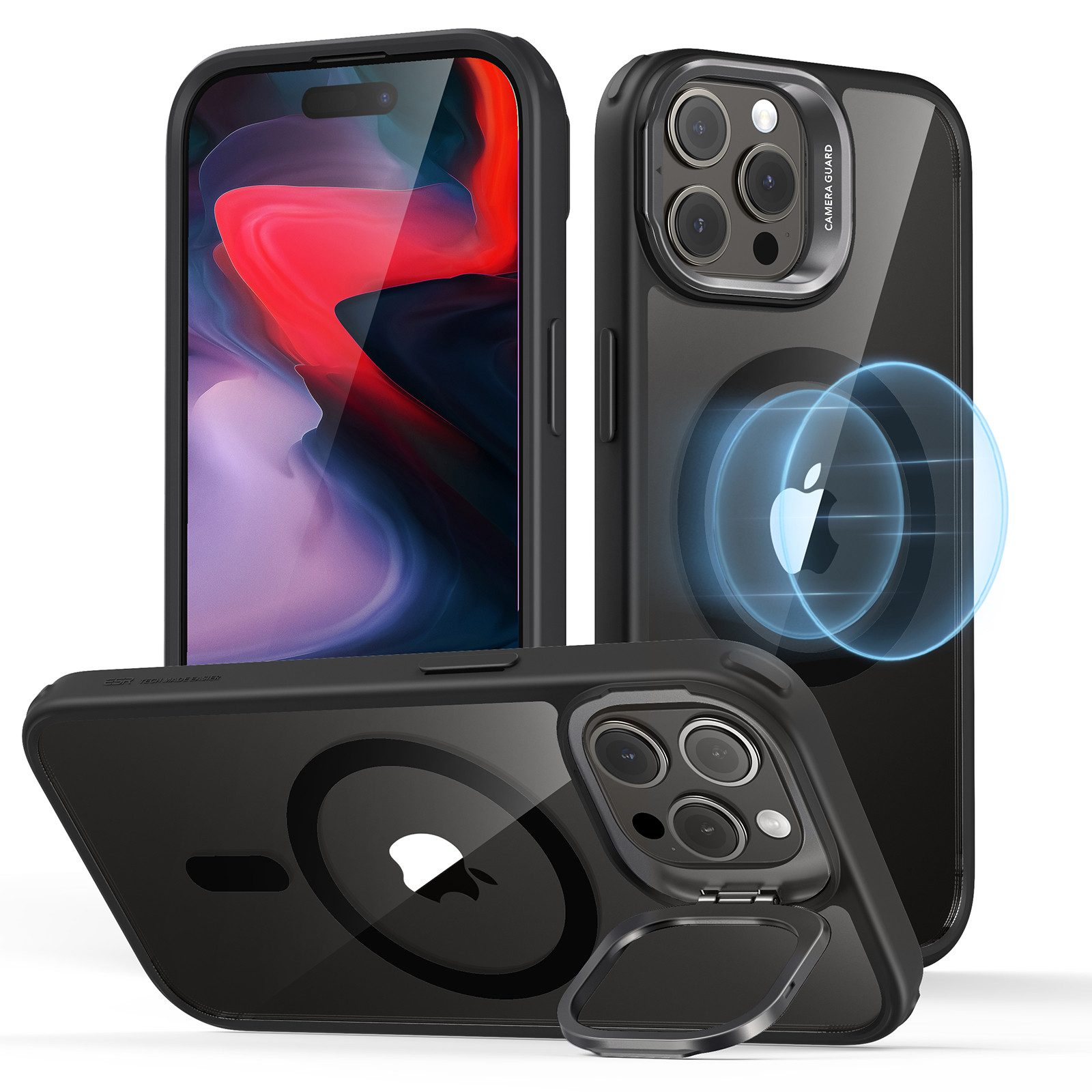 ESR Handyhülle Classic Hybrid HaloLock Case mit Stash Stand für iPhone 15 Pro Max 6,69", Militärnorm MIL-STD-810H 516.8 zertifiziert, Verstellbarer Stash Stand