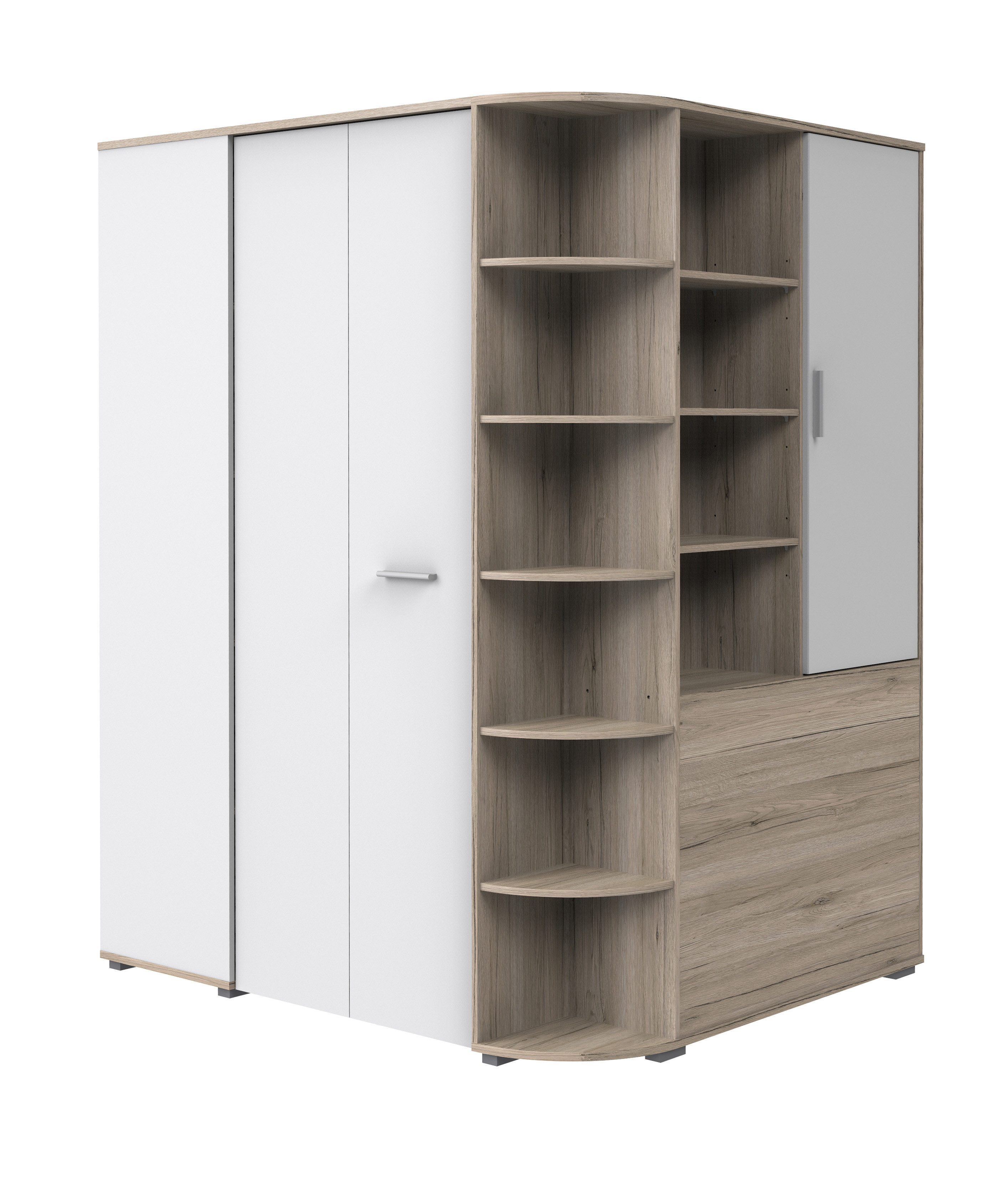 möbel-direkt.de Kleiderschrank Joker in Eiche San Remo Weiß (komplett, 1-St., Drehtürenschrank, begehbarer Eckkleiderschrank) Made in Germany