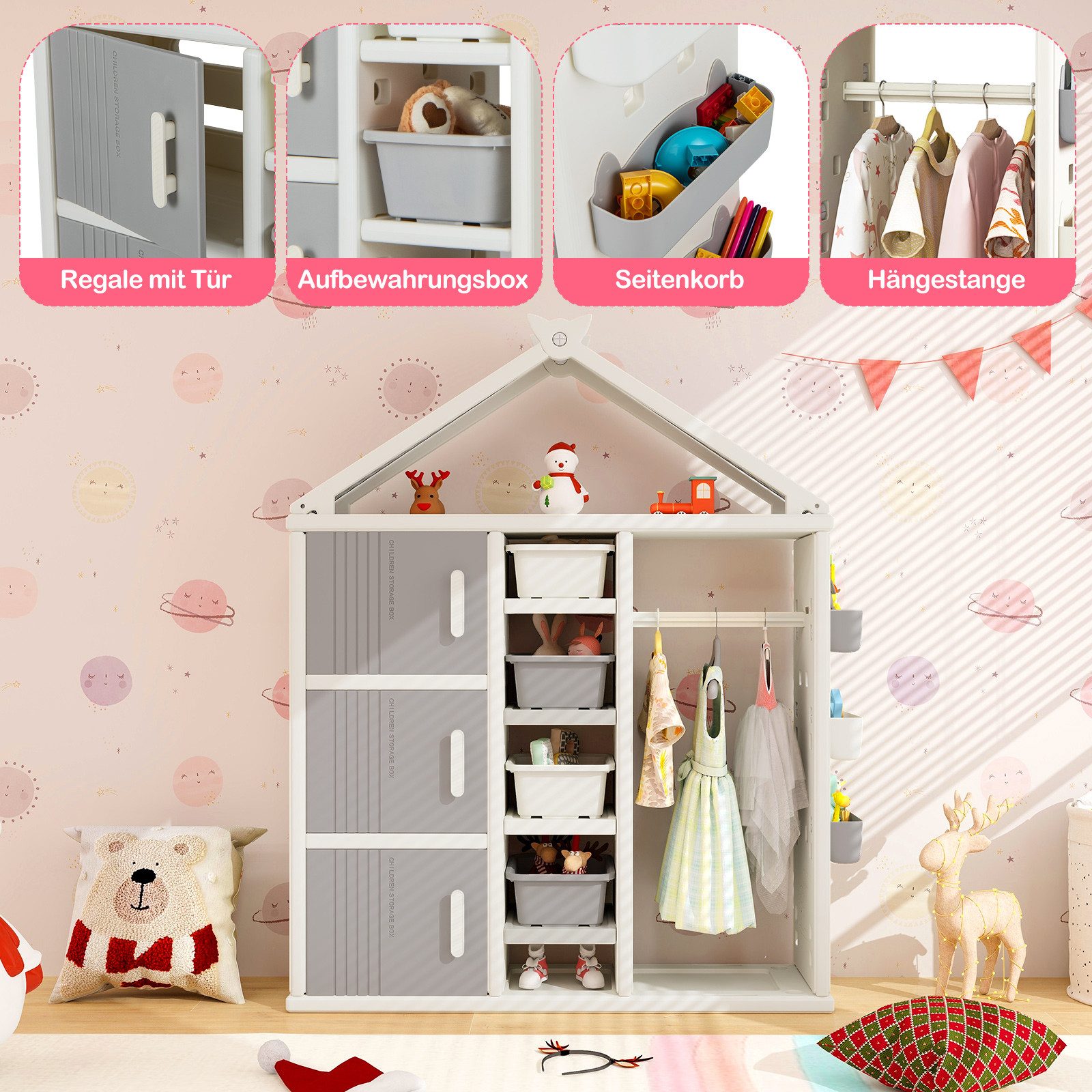 COSTWAY Kinderregal, Spielzeugregal in Hausform mit Boxen und Schubladen