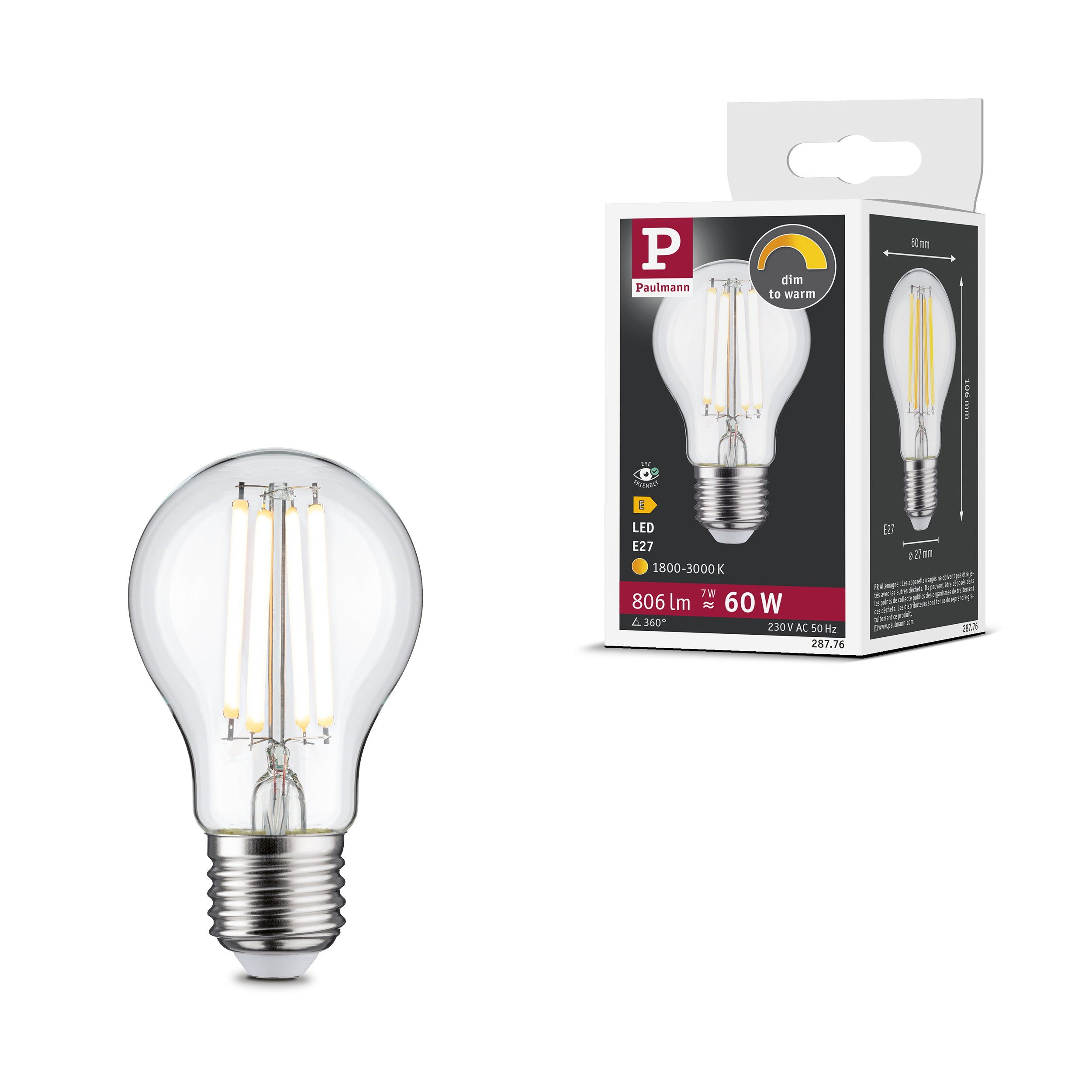 Paulmann LED-Filament Filament 230V LED Birne E27 806lm 7W Dim to warm dimmbar Klar, E27, 1 St.
