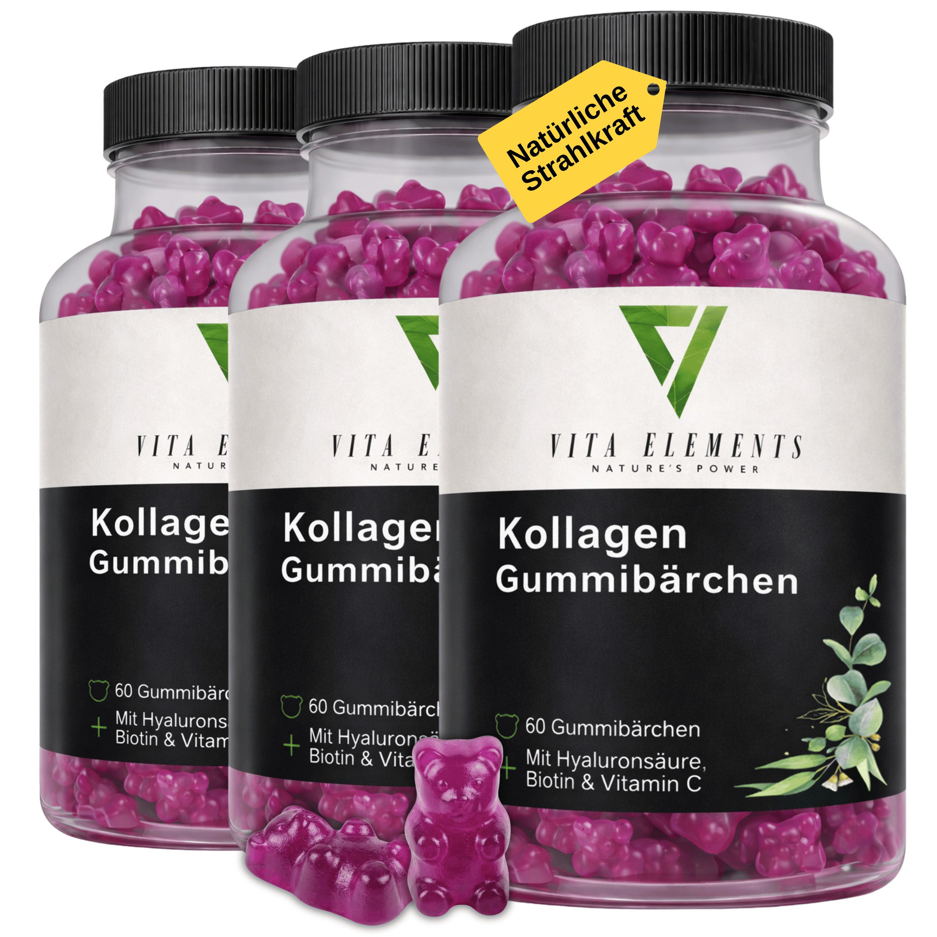 Vita Elements 3er Set Kollagen Gummibärchen, 180 Stk. Glutenfrei ohne Gentechnik Laborgeprüft in Deutschland
