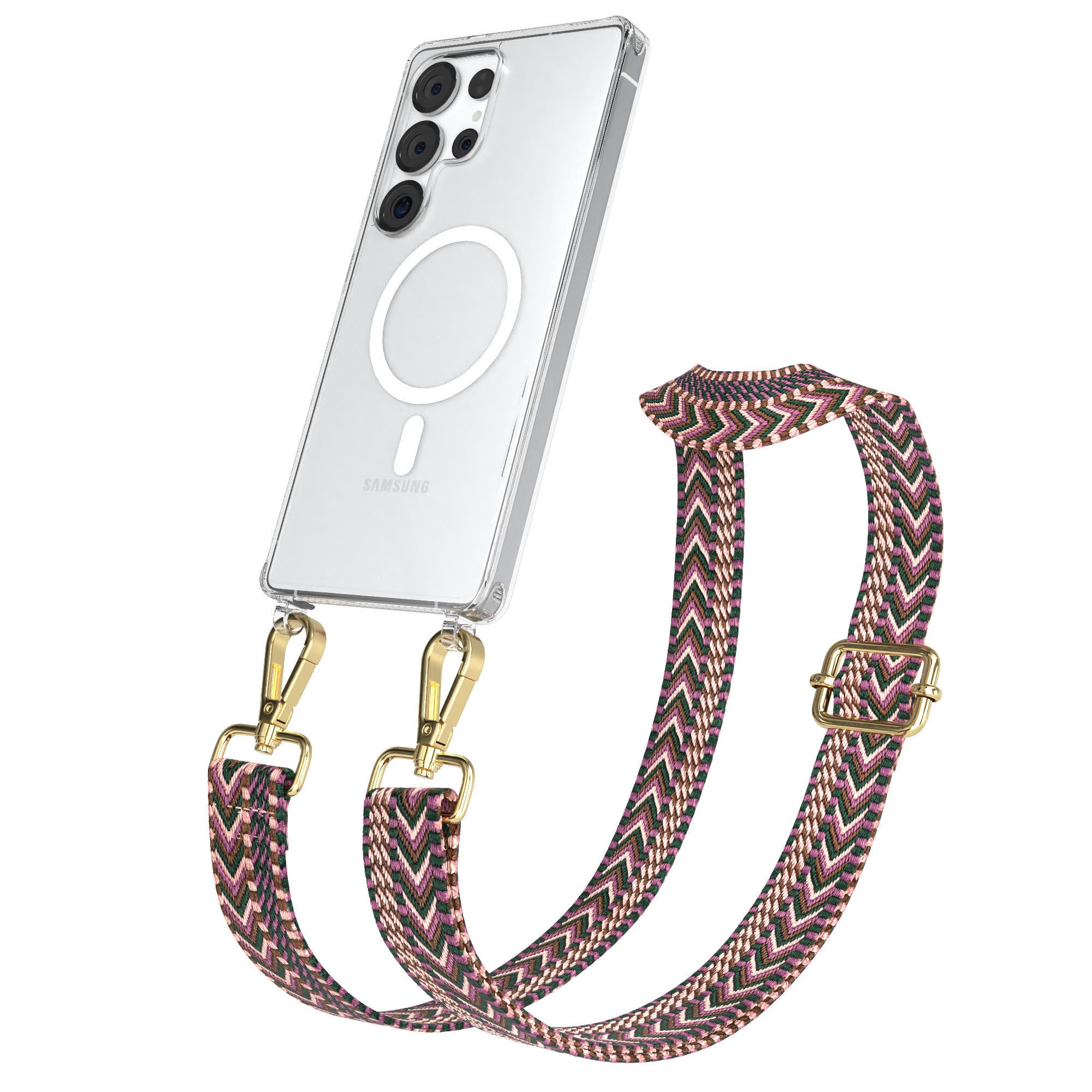 EAZY CASE Handykette Umhängeband MagSafe Hülle Samsung Galaxy S25 Ultra 6,9 Zoll, Durchsichtige Hülle MagSafe mit Riemen Phone Karabiner Halskette Lila