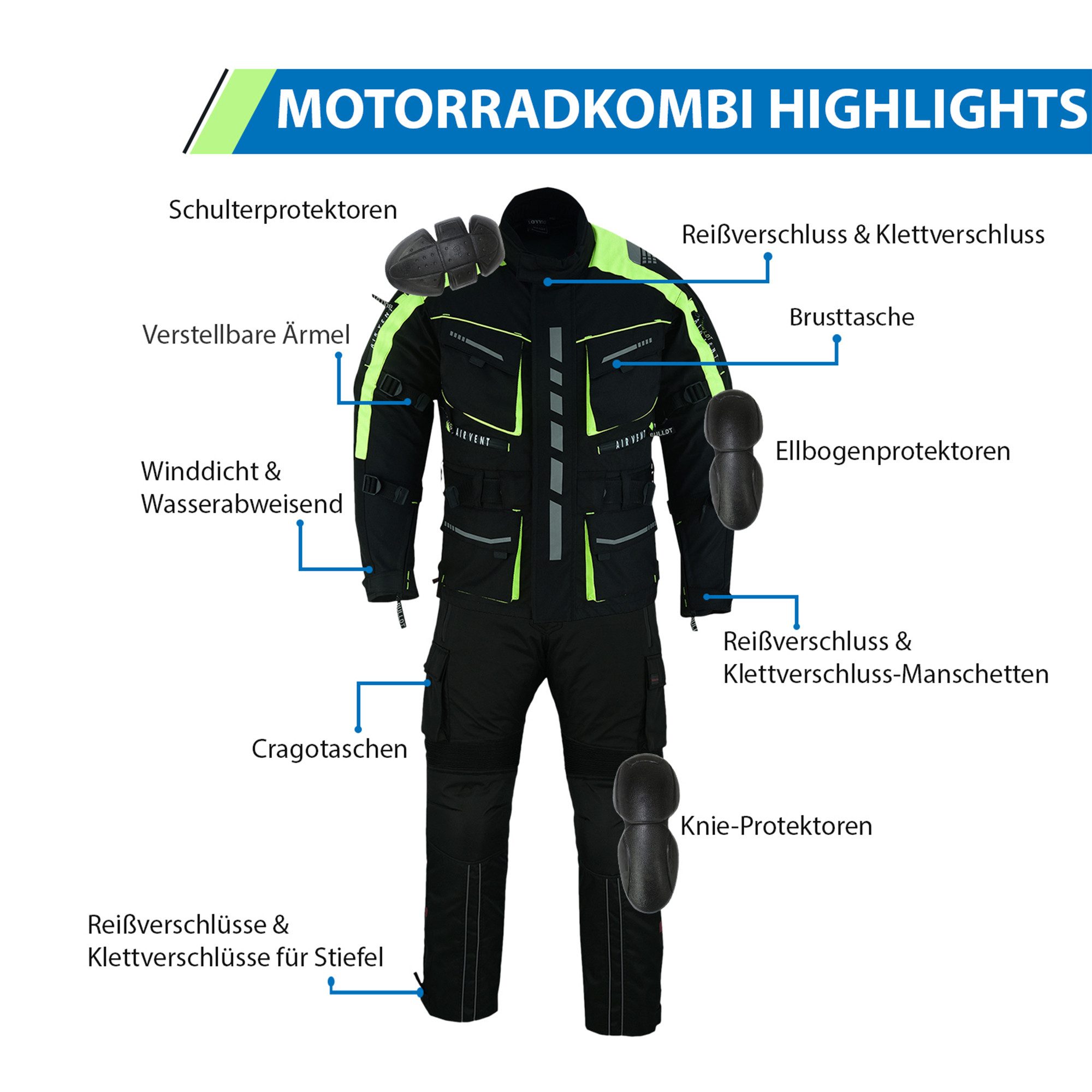 German Wear Motorradkombi BLD325K Motorradkombi Textilien motorradjacke + Motorradhose mit Protektoren