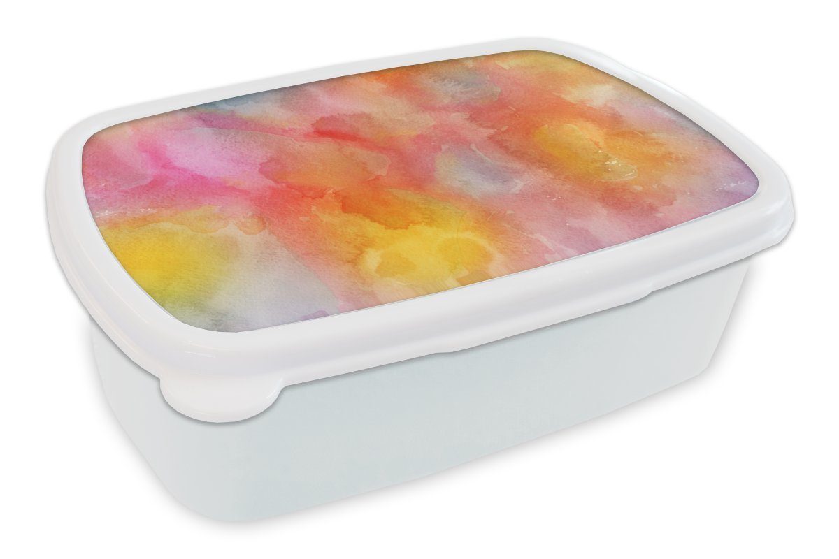 MuchoWow Lunchbox Aquarell - Rosa - Gelb - Orange, Kunststoff, (2-tlg), Brotbox für Kinder und Erwachsene, Brotdose, für Jungs und Mädchen weiß
