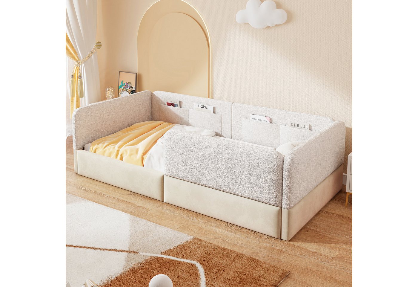 Merax Polsterbett mit Samtbezug & PU-Untergestell (1-tlg., Kinderbett Bodenbett Babybett), Plattformbett 90x200cm mit Schutzgitter & 4 Aufbewahrungstaschen