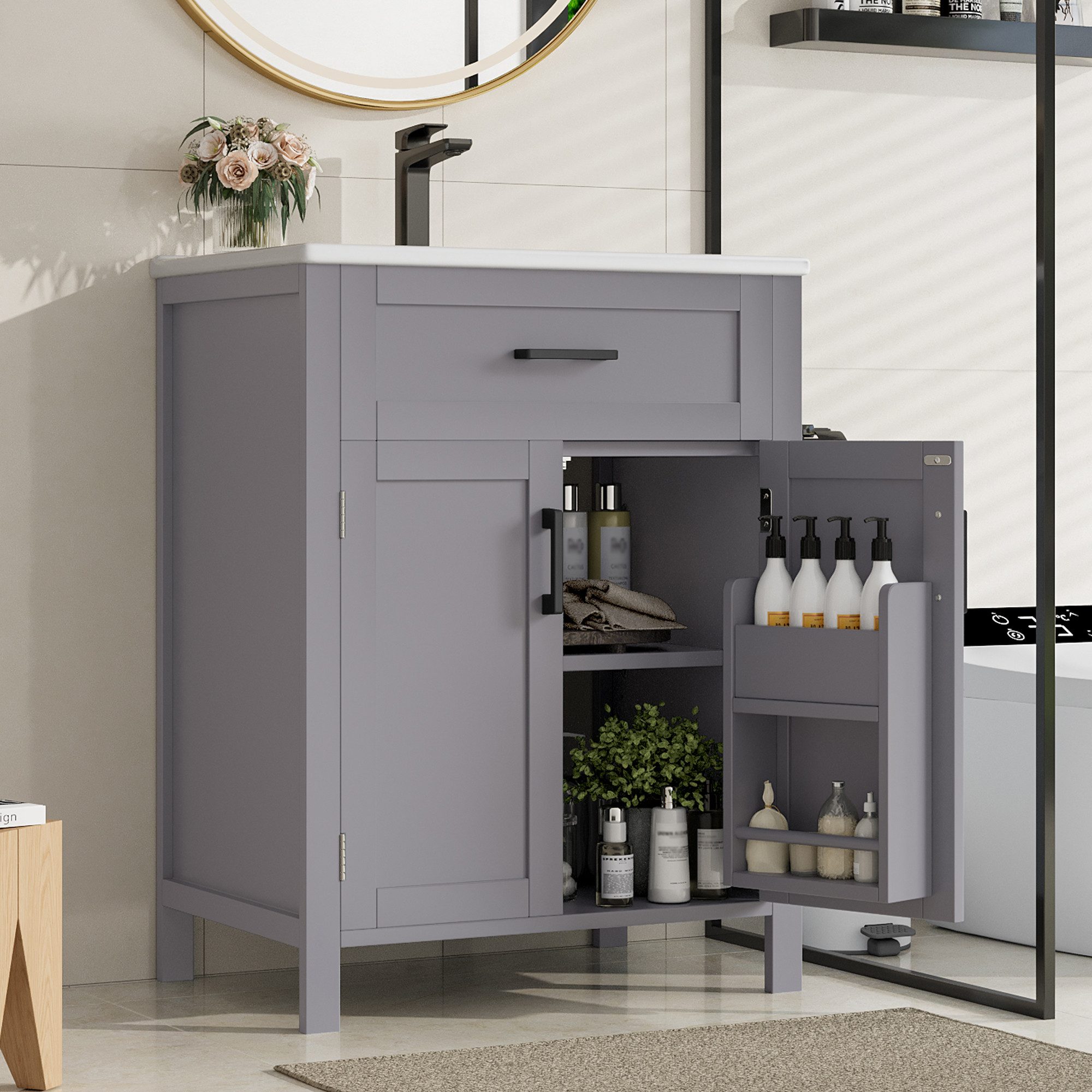 Gdood Waschbeckenschrank Badezimmerschrank Bodenstehender Mit Keramikbecken (60 x 46 x 84.8 cm) Mit Waschtisch,verstellbare Regale, integriertes Keramikwaschbecken