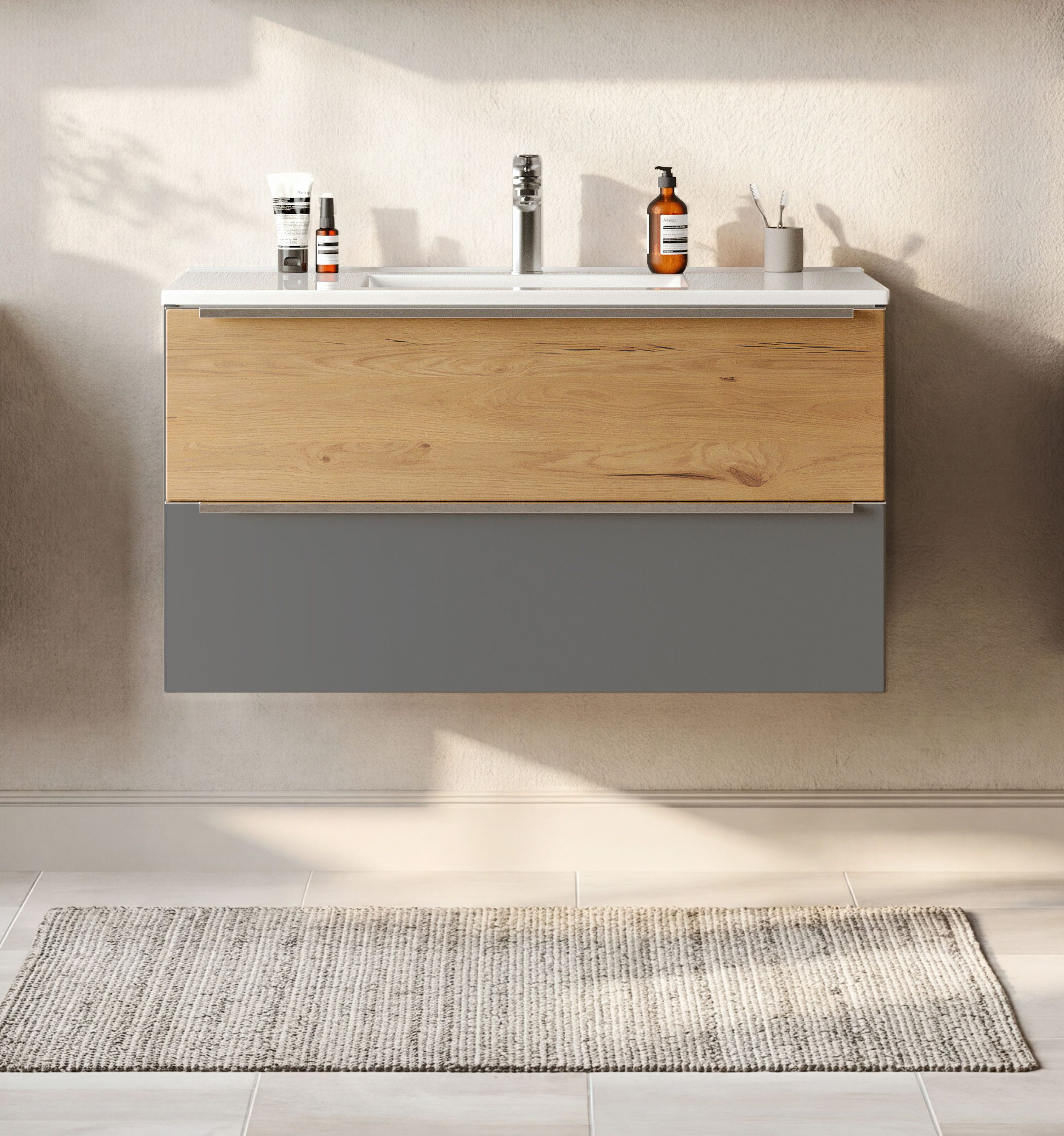 welltime Waschtisch TRIENT, Softclose-Auszüge, Mineralgussbecken (Maße (B/H/T): ca. 100/54/47 cm), matt onyx-grey/wildeiche, Mineralgussbecken